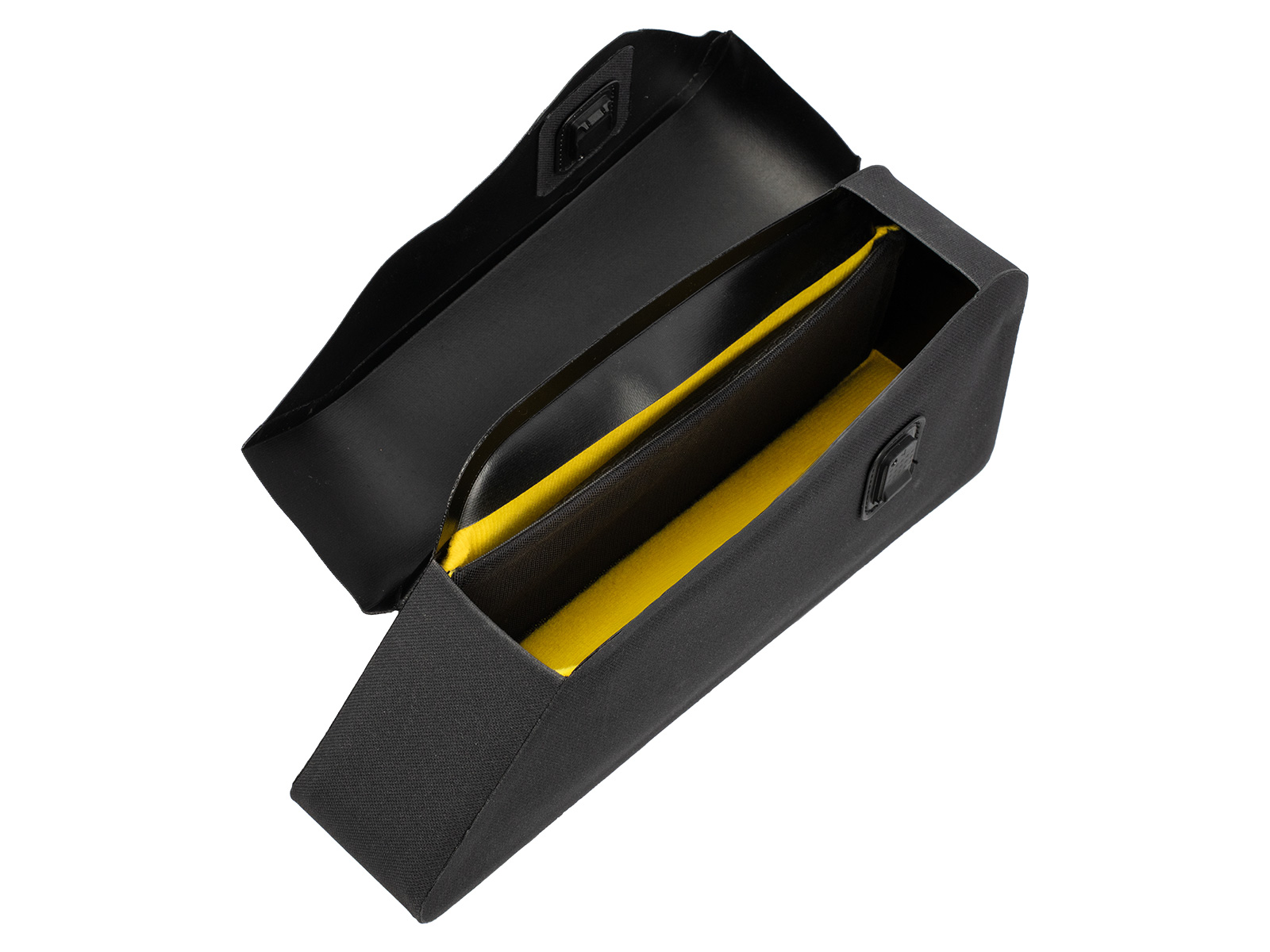 Innenansicht der Topeak Toploader Dryshell Rahmentasche mit gelbem Futter und separaten Fächern für Zubehör.