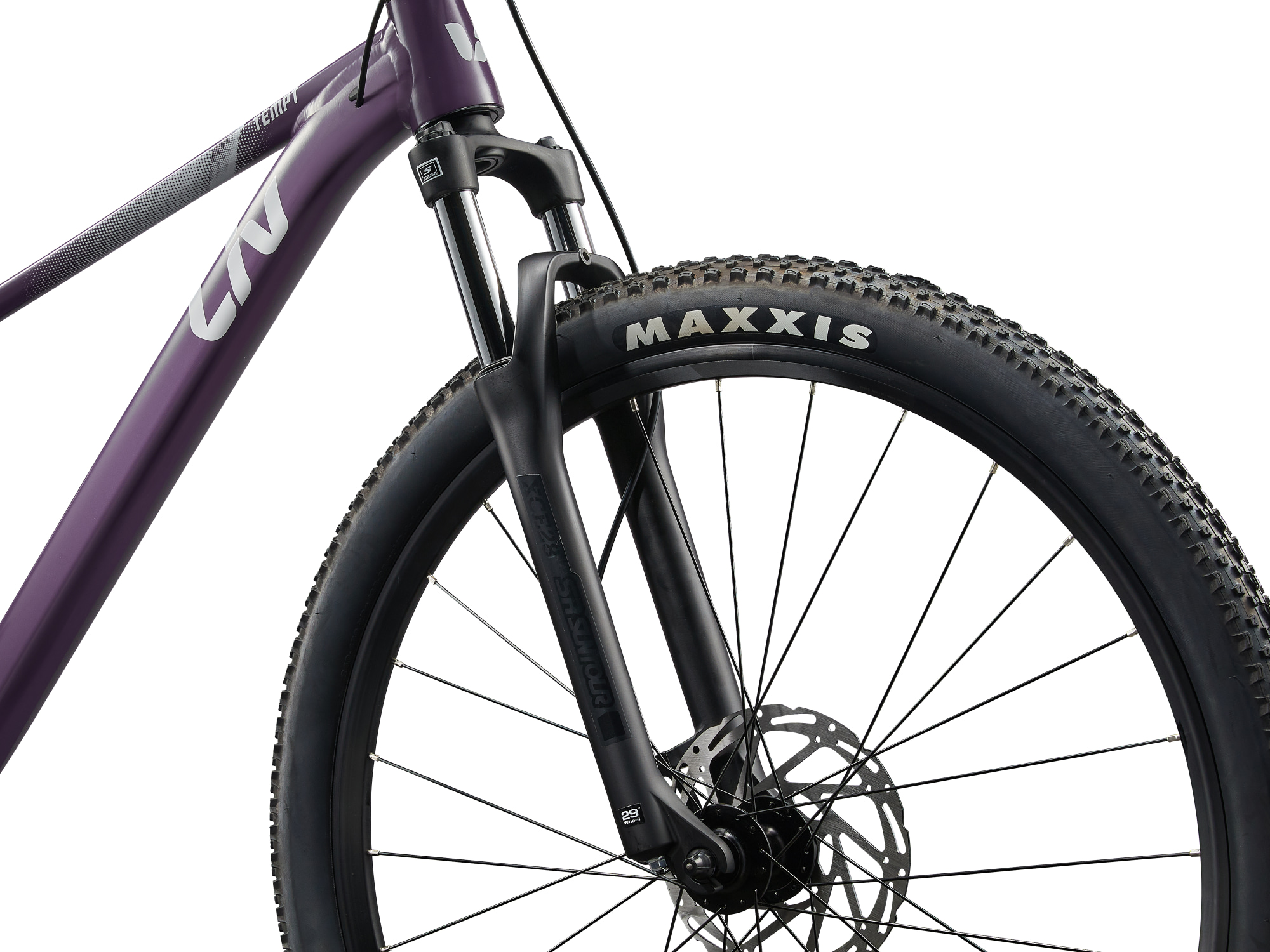 Liv Damen-MTB Hardtail Tempt 3, Detailansicht Gabel und vorderes Laufrad