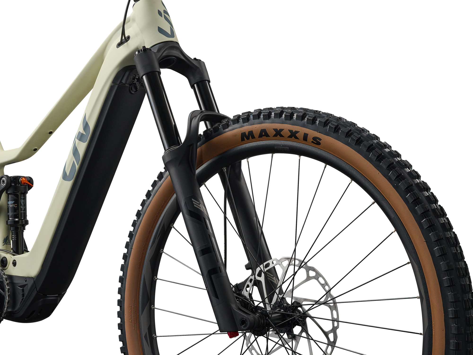 Liv Embolden E+ 1 E‑MTB in Pale Moss mit Federgabel und Maxxis‑Vorderreifen