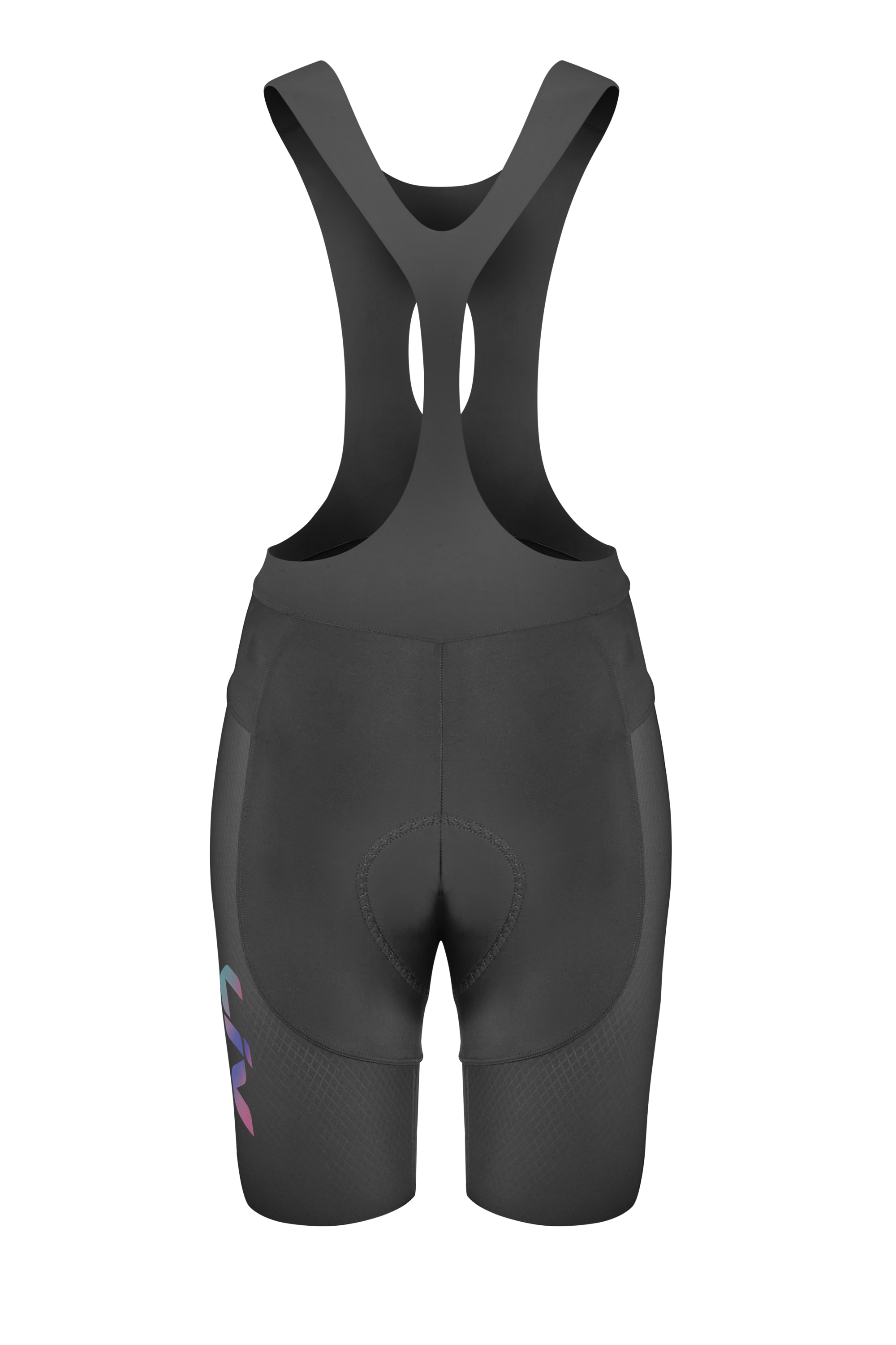 Liv Race Day Bib Shorts Damen in Schwarz, Frontansicht mit Trägern, Sitzpolster und Beinlogo.