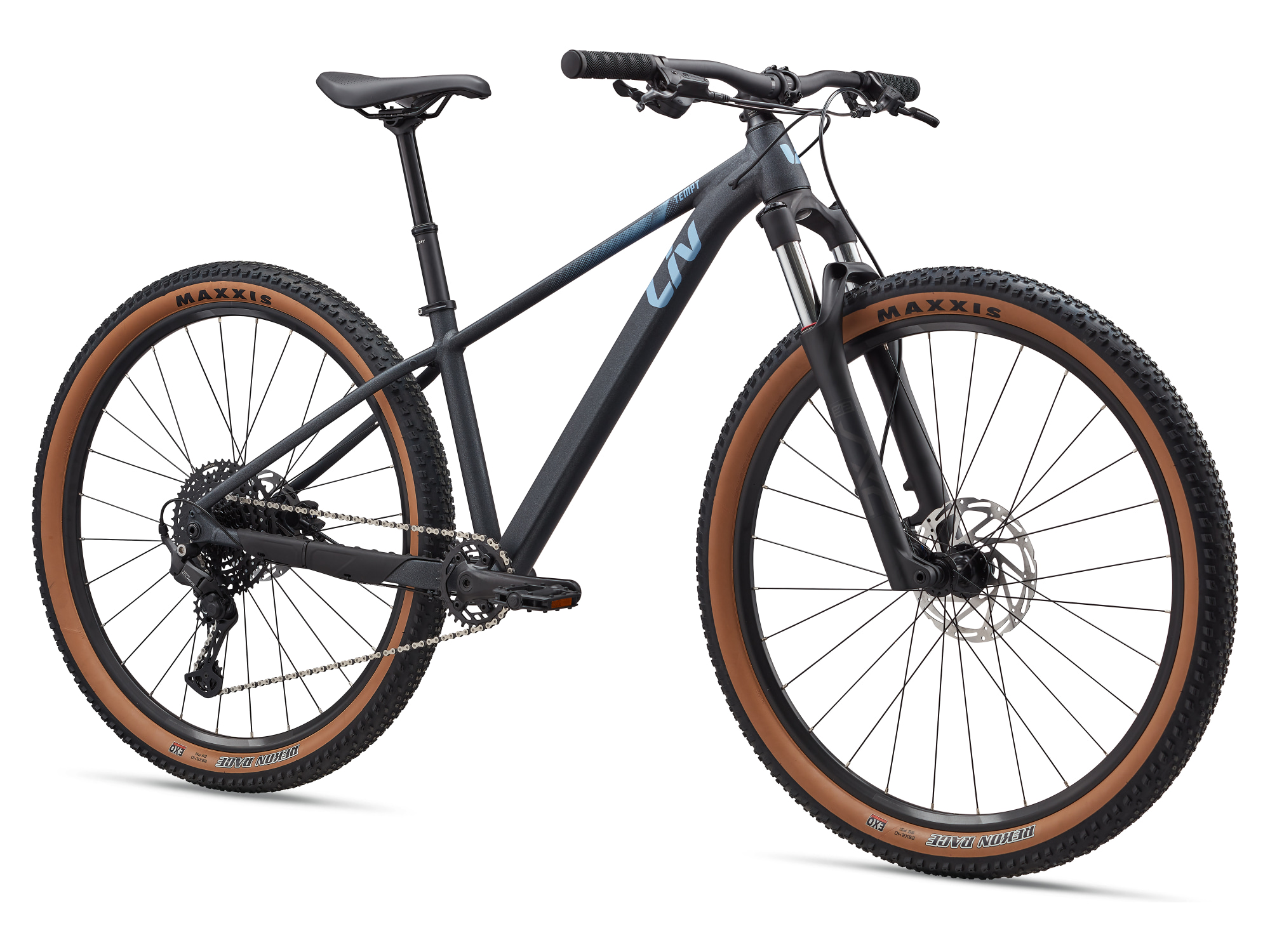 Liv Damen-MTB Hardtail in dunklem grau mit hellblauer Aufschrift, Ansicht von schräg vorne