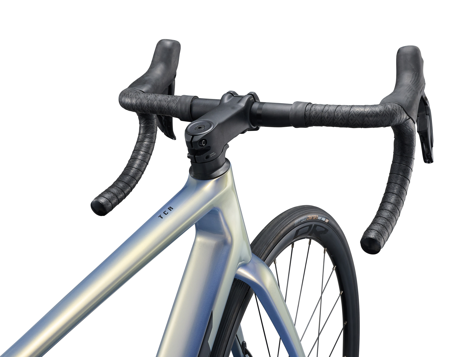 Giant TCR Advanced 1 Carbon-Rennrad, Detailansicht von schräg oben auf den Lenker und den vorderen Rahmen