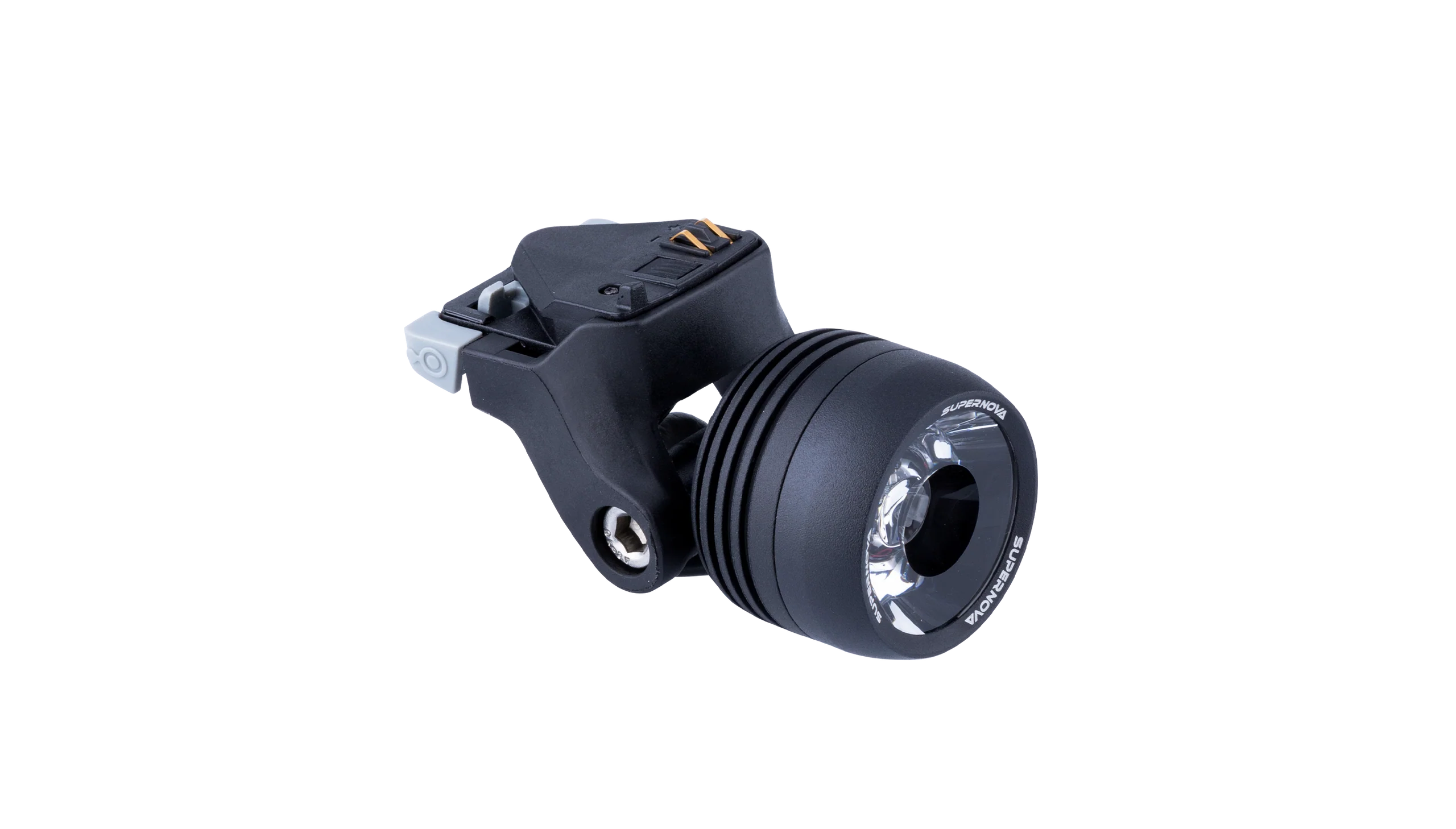 Supernova Mini 2 Fahrradscheinwerfer mit MonkeyLink Aufnahme in schwarz, Ansicht schräg von der Seite