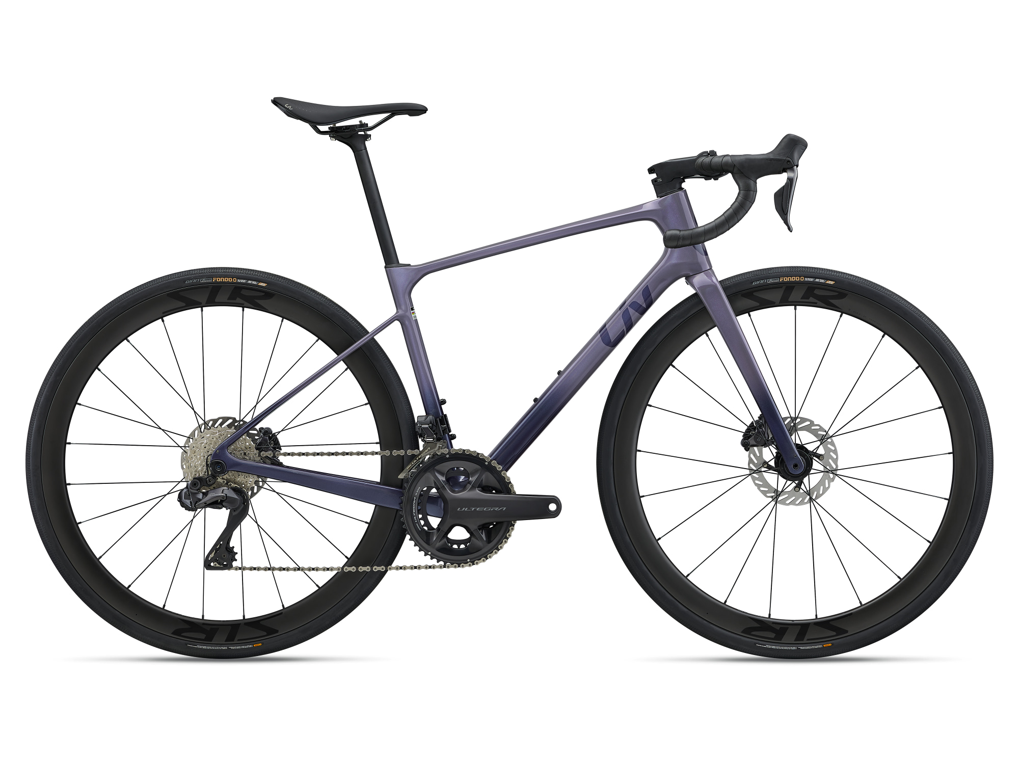 Liv Avail Advanced UI2 Rennrad in Violet Flare mit Carbonrahmen und Scheibenbremsen in Seitenansicht.