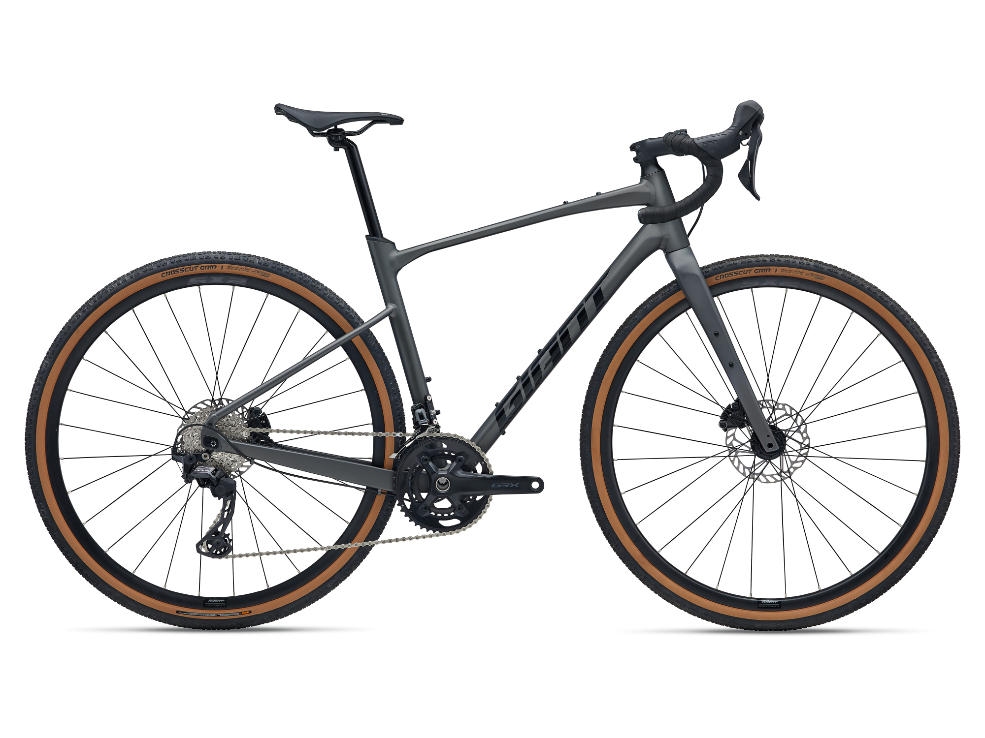 Giant Gravelbike, Modell Revolt 0 in dunkelgrau, Seitenansicht mit schwarz braunen Reifen