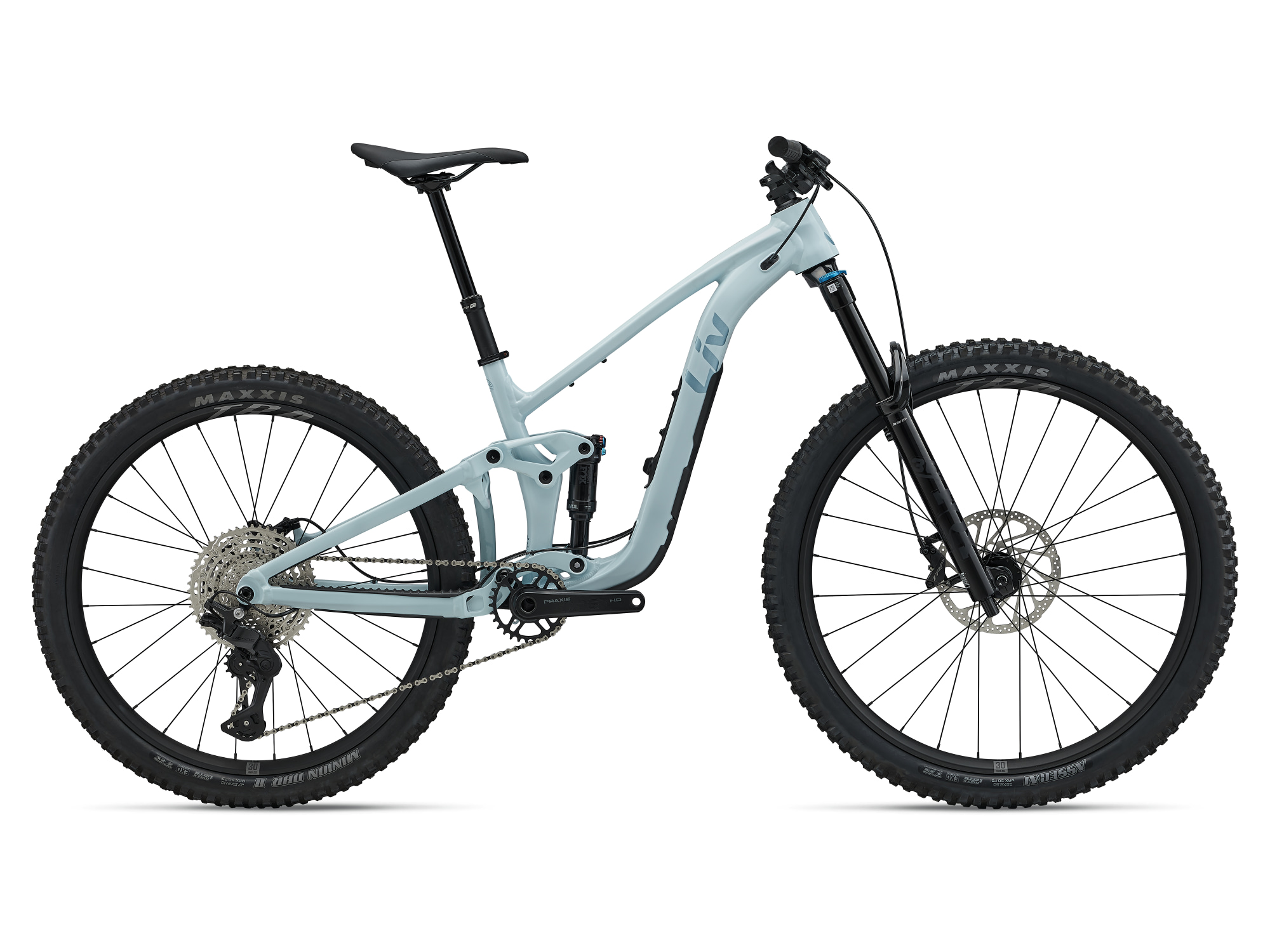 Liv Intrigue X 2 Mountainbike in Morning Haze mit Vollfederung und Stollenreifen in Seitenansicht.