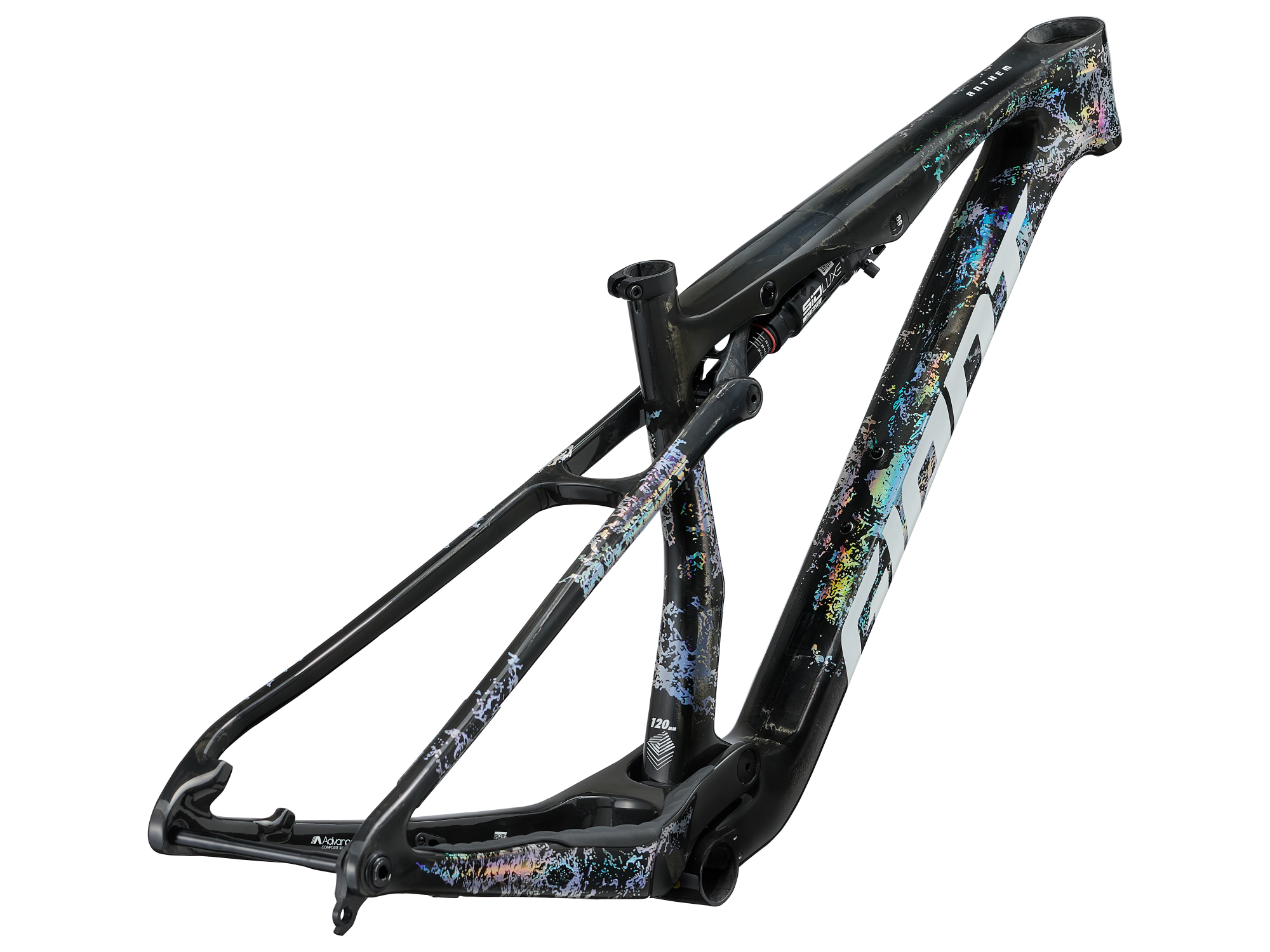 Giant Anthem Advanced SL MTB-Rahmen in Iris Drift mit Hinterbaudämpfer in Schrägansicht.