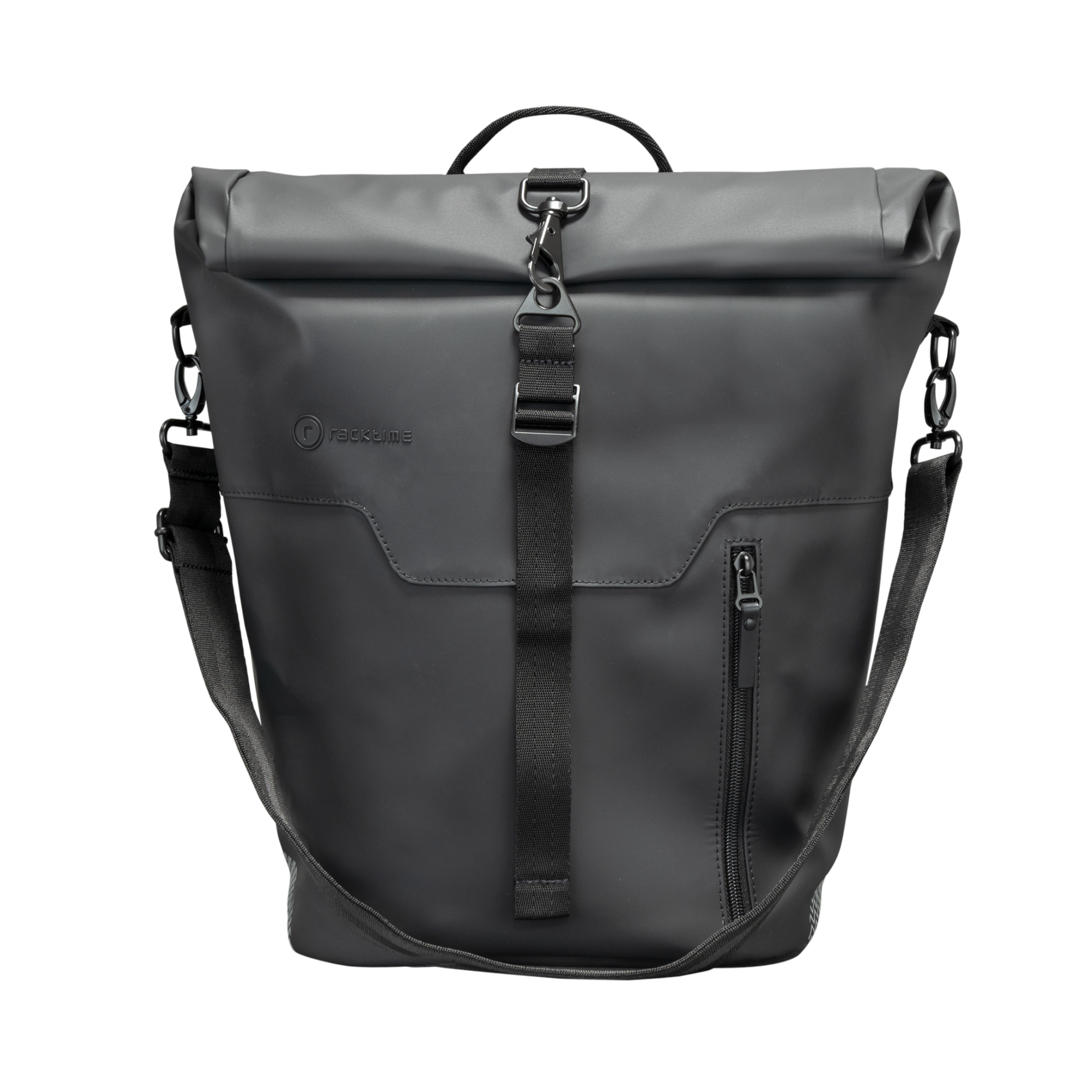 Racktime Jerry Gepaecktraegertasche in Schwarz mit Rollverschluss, Schultergurt und Fronttasche.