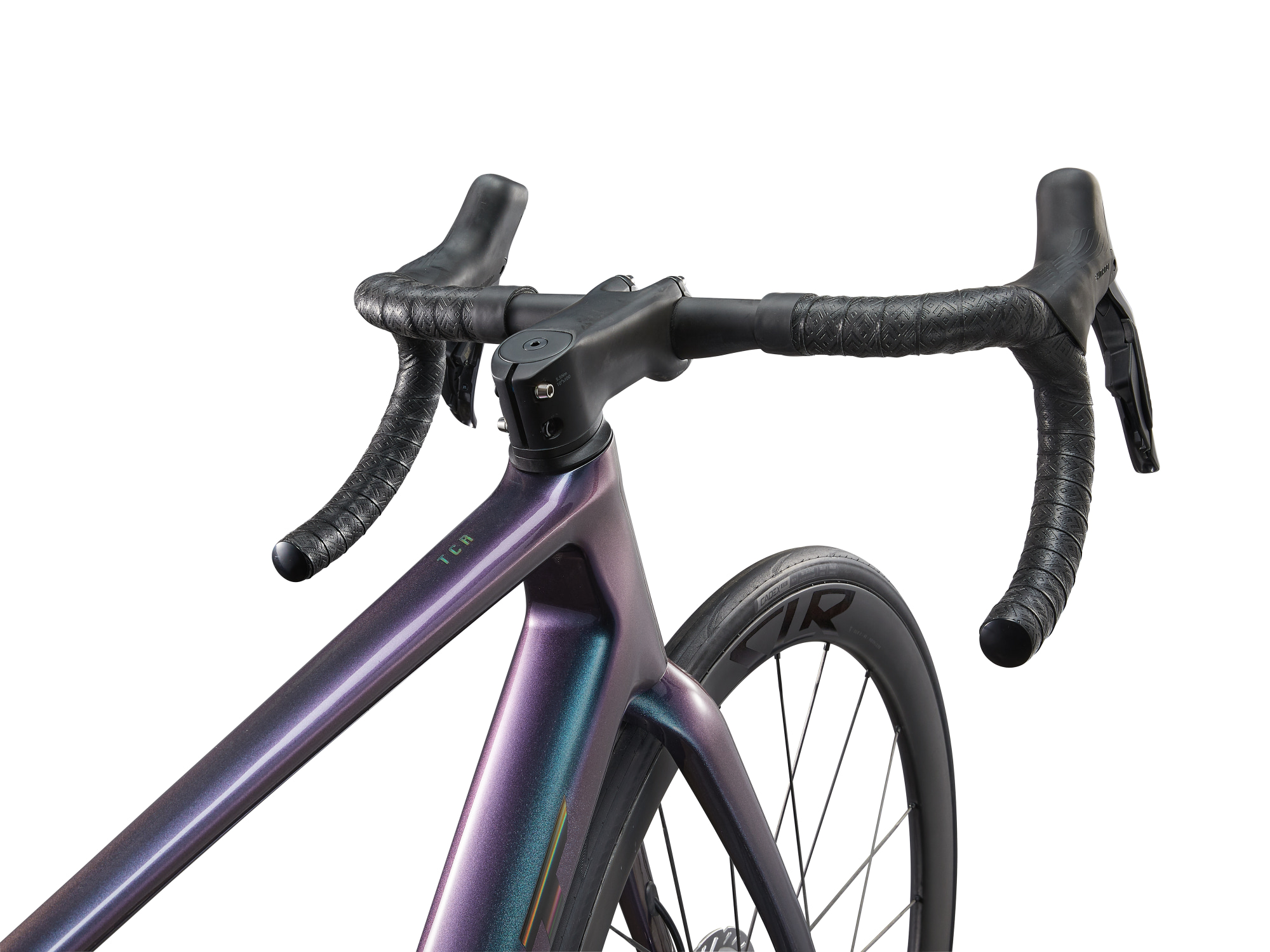 Giant TCR Advanced SL 1 Carbon Rennrad in blau/lila changierend, Detailansicht Lenkeinheit von schräg oben