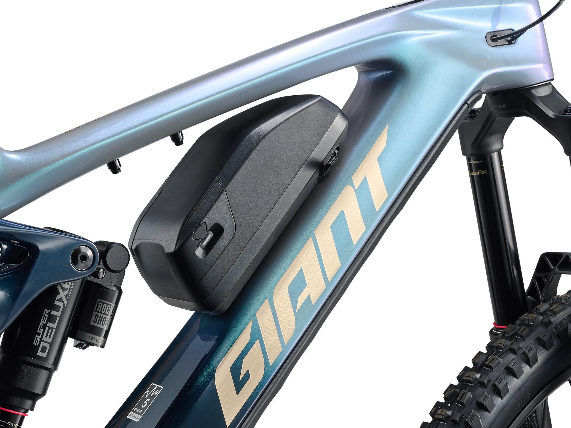 Giant Reign Advanced E+ 2 E-MTB in Prismatic Haze mit abnehmbarem Akku und Carbonrahmen