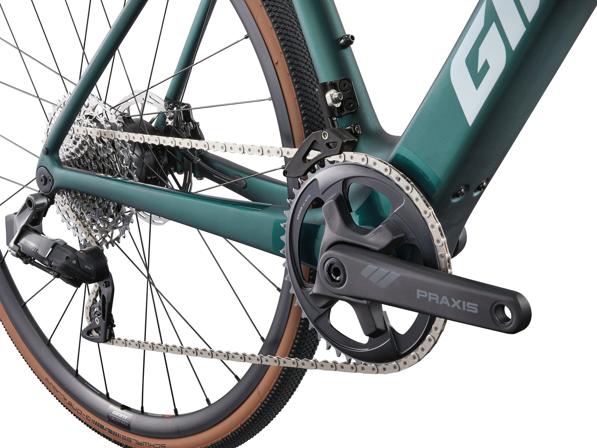 Vélo gravel électrique carbone Giant Defy Advanced E+ Elite AR, détail transmission avec dérailleur électrique Sram eTap AXS