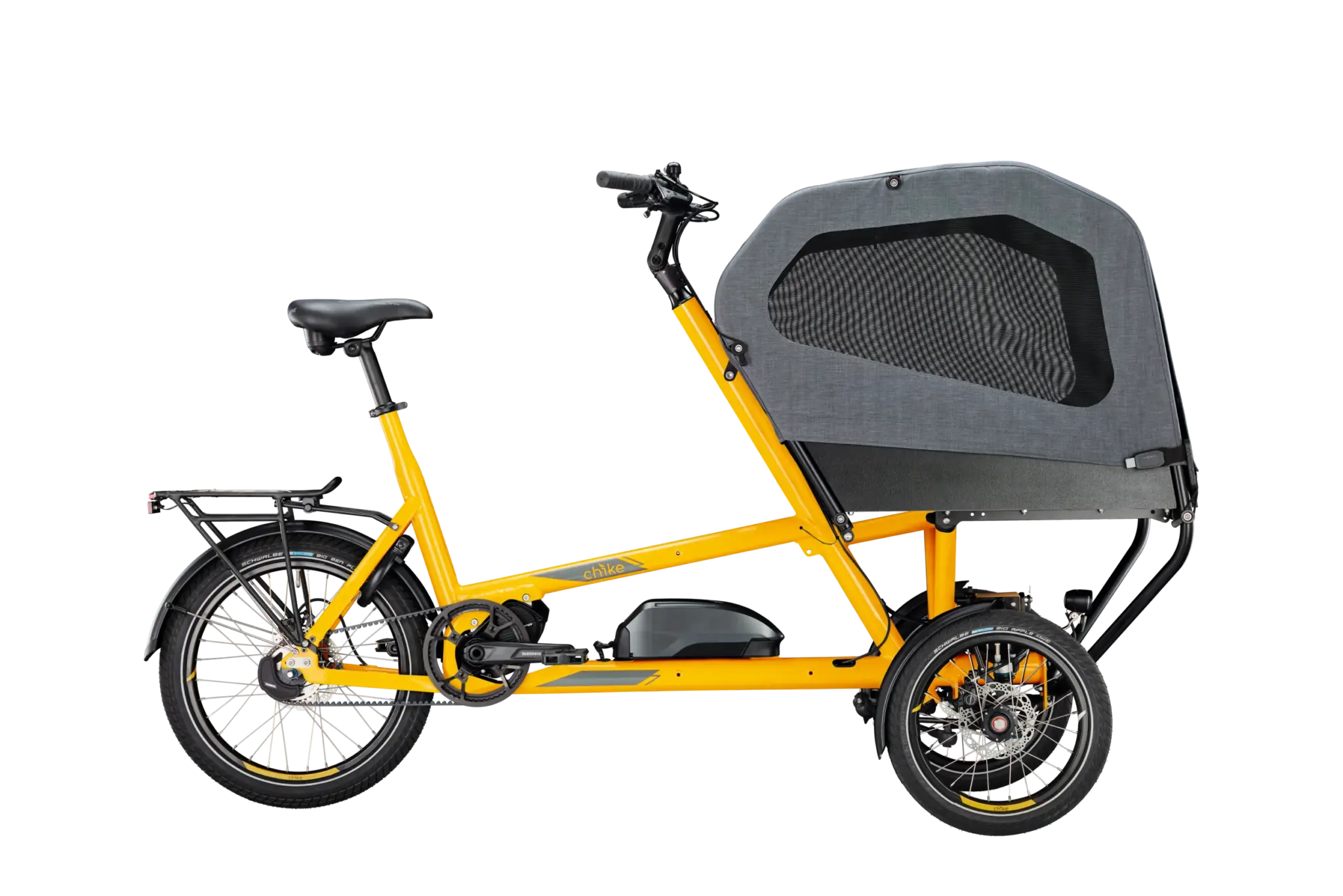 Chike E-Dog Elektro-Lastenrad in melonengelb mit geschlossener Hundebox, Seitenansicht freigestellt auf weißem Hintergrund