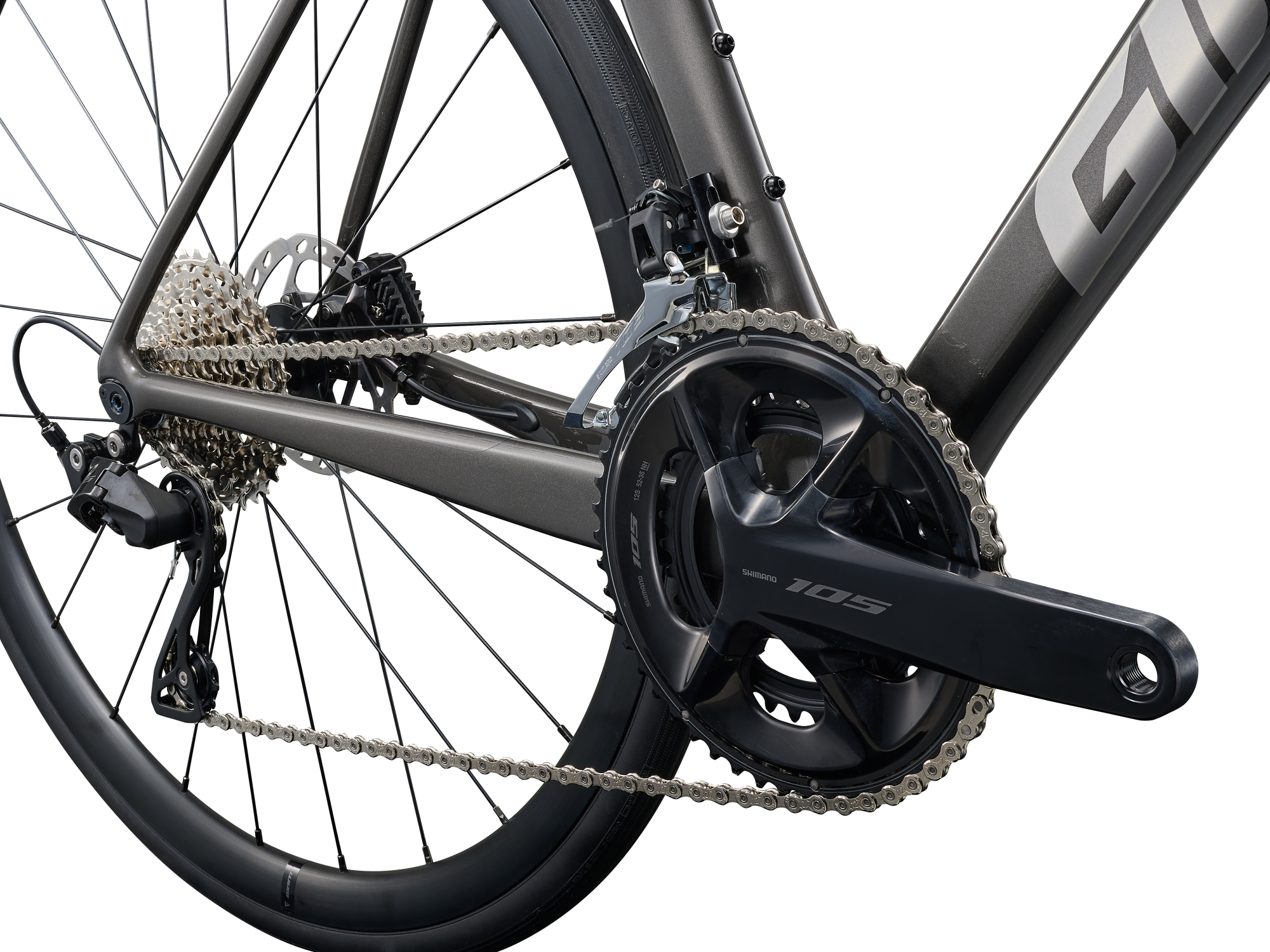 Giant Rennrad TCR Advanced 2 KOM aus Carbon in dunkel anthrazit, Detailansicht Antrieb mit Kurbelgarnitur und Schaltwerk