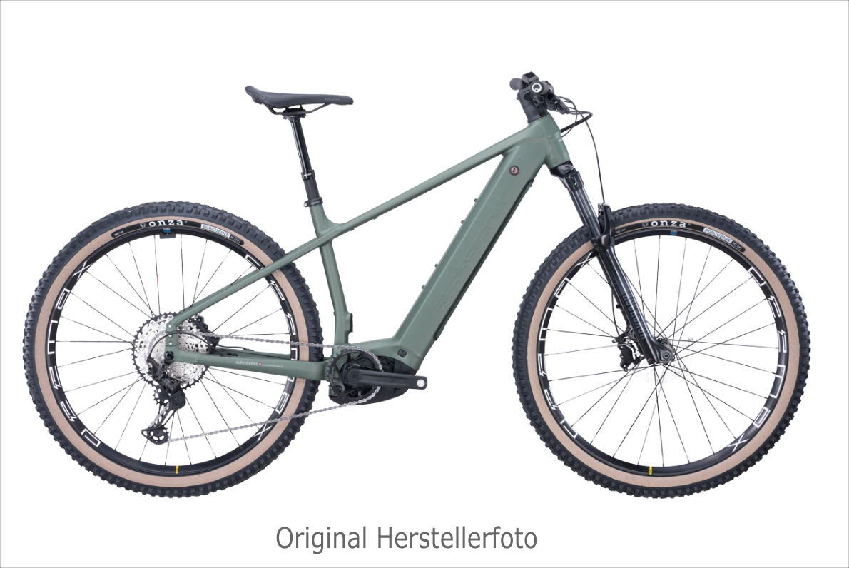 Bergstrom Pure 2.8 E‑Mountainbike in Dunkelgrün mit integriertem Akku und Federgabel in Seitenansicht.