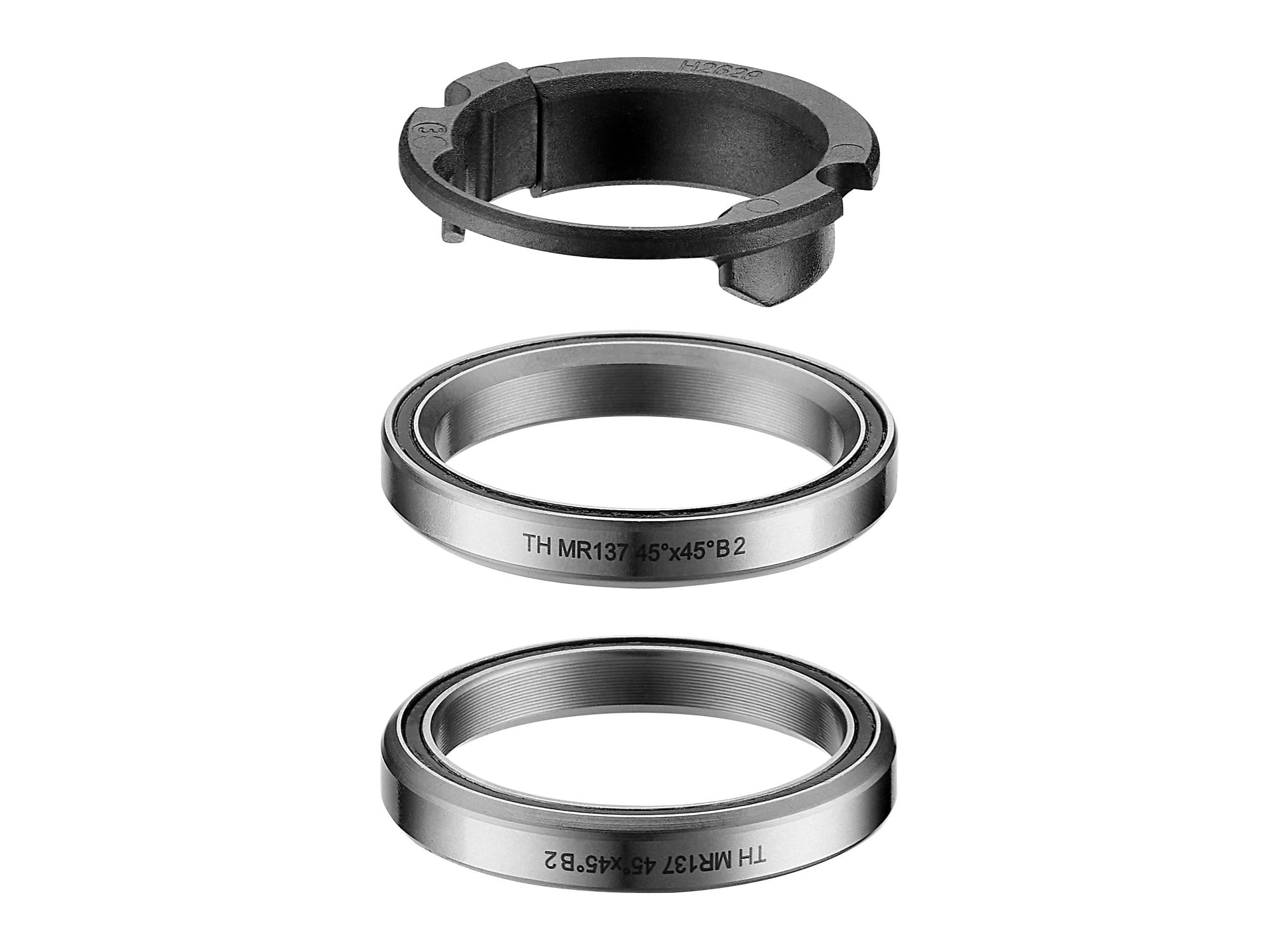 Giant OverDrive Aero Steuersatz-Komponenten für Propel: ein schwarzer Kunststoff-Spacer und zwei silberne Lagerschalen mit Gravur TH MR137 45×45.