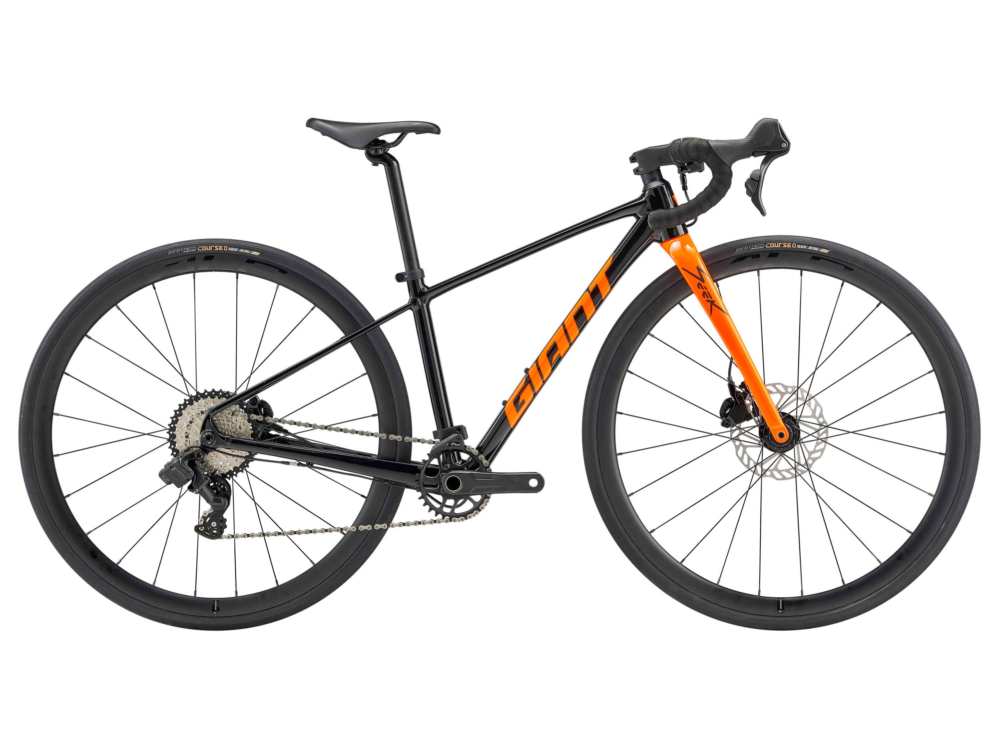 Giant Jugend-Rennrad Seek 2 mit schwarzem Rahmen und oranger Gabel und orangem Schriftzug. Seitenansicht