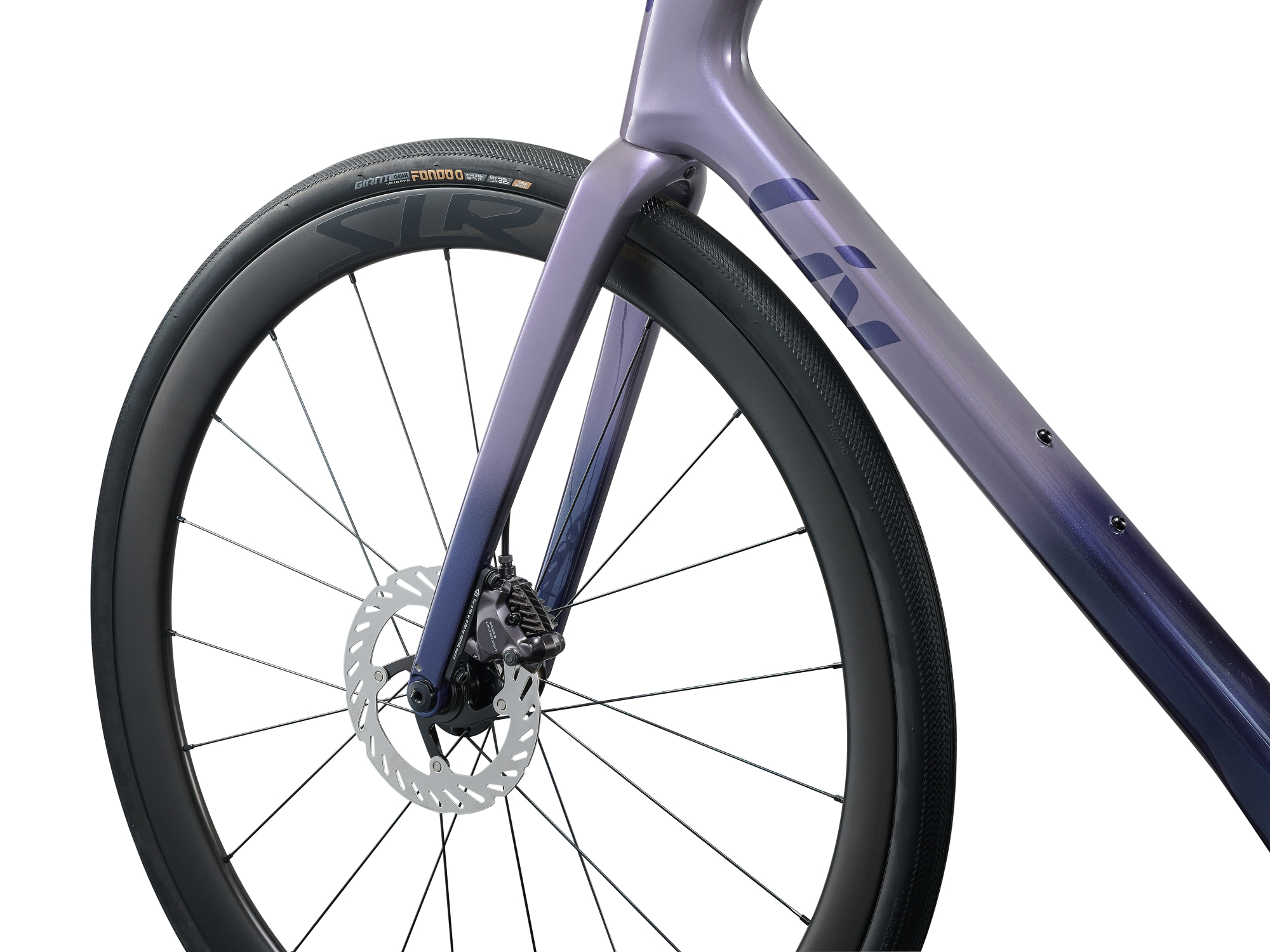 Liv Avail Advanced UI2 Rennrad in Violet Flare mit Carbonlaufrad und Scheibenbremse im Detail.