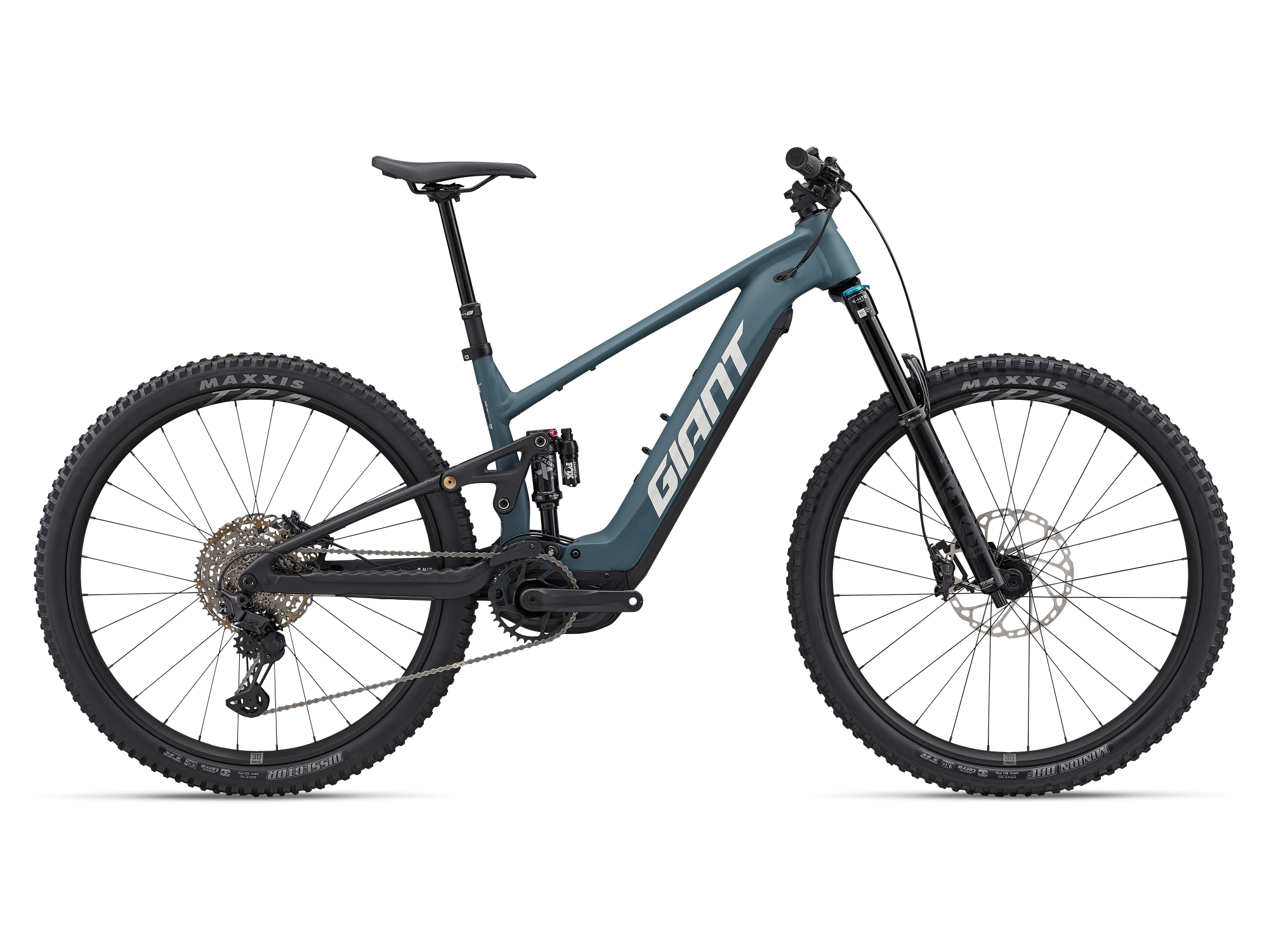 Giant Stance E+ 0 E-MTB in Deep Lake seitlich mit vollintegriertem Akku und breiten Profilreifen.