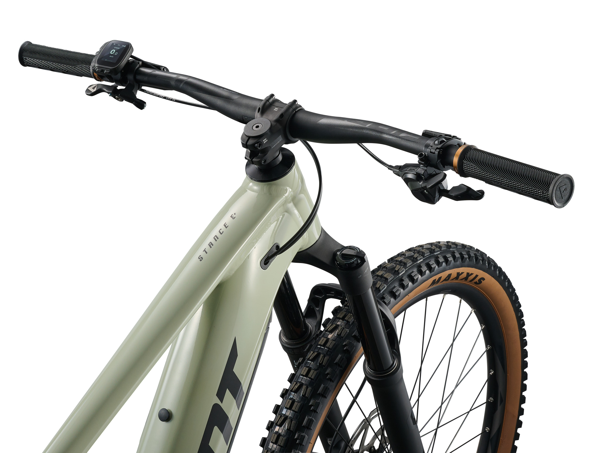 VTT électrique tout-suspendu Giant Stance E+ 2, détail cintre, vue trois quarts arrière droit dessus