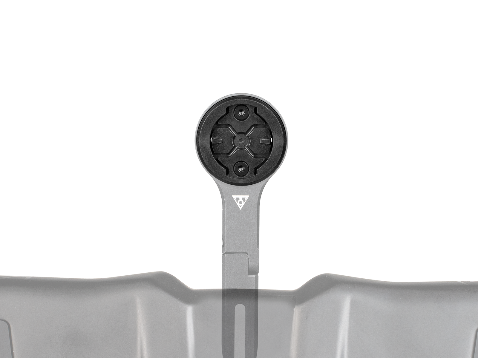 Schwarzer G-Gear Adapter II montiert auf einer grauen Halterung, Ansicht von vorne, auf weißem Hintergrund.