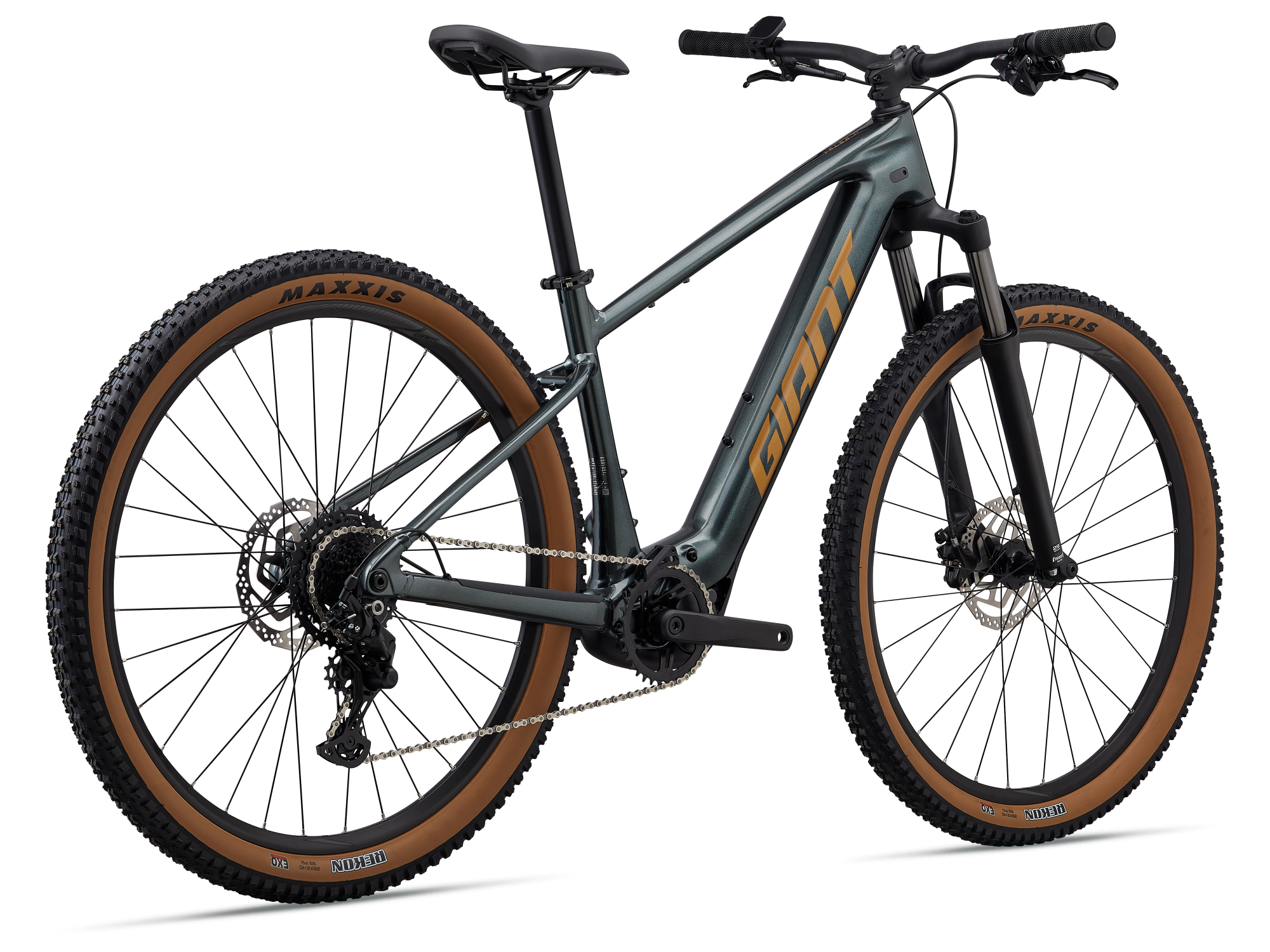 VTT électrique semi-rigide Giant Talon E+ en vert foncé, vue trois-quarts arrière droit