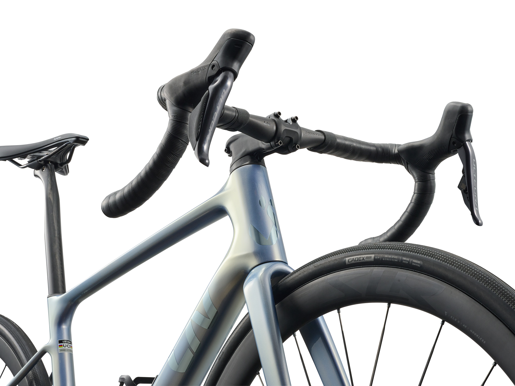 Vélo route endurance Liv Avail Advanced Pro 0, détail cintre vue en contre-plongée