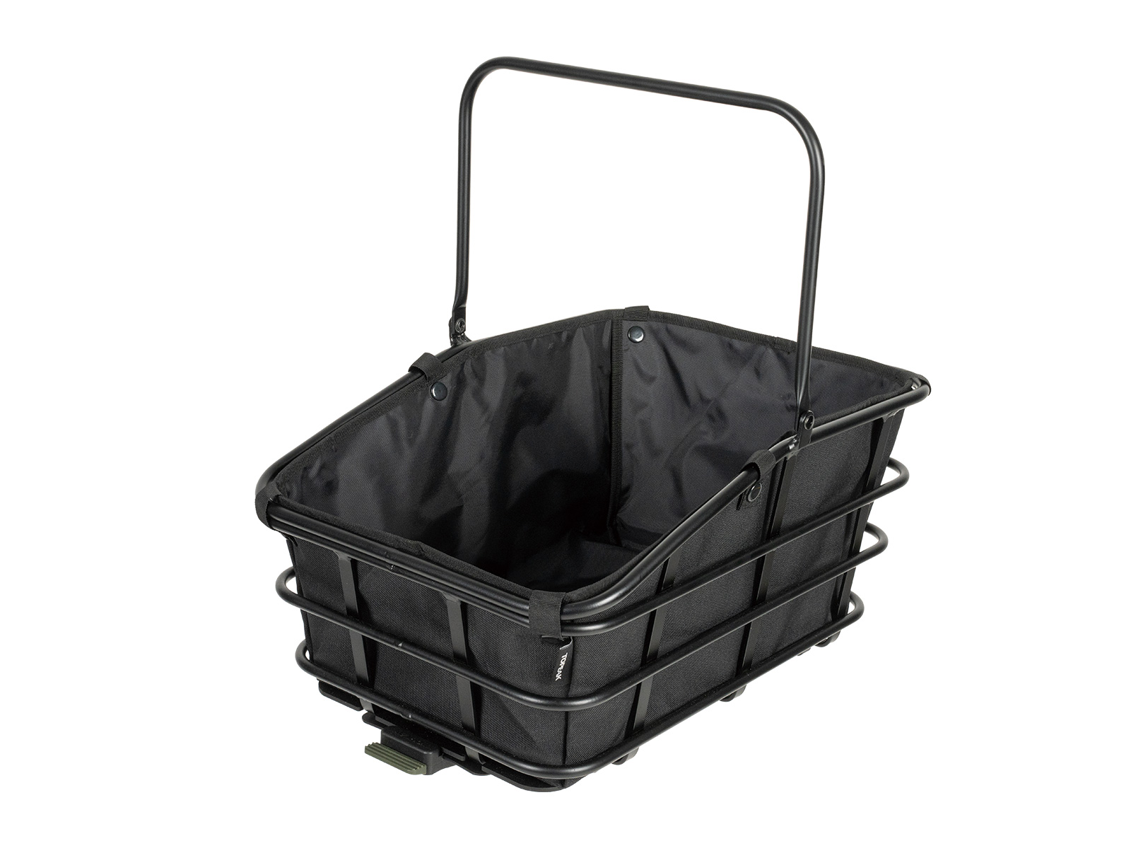 Topeak Urban Basket DX 22 Fahrradkorb in Schwarz, Seitenansicht mit stabilem Drahtkorb und eingesetztem Innenpolster.
