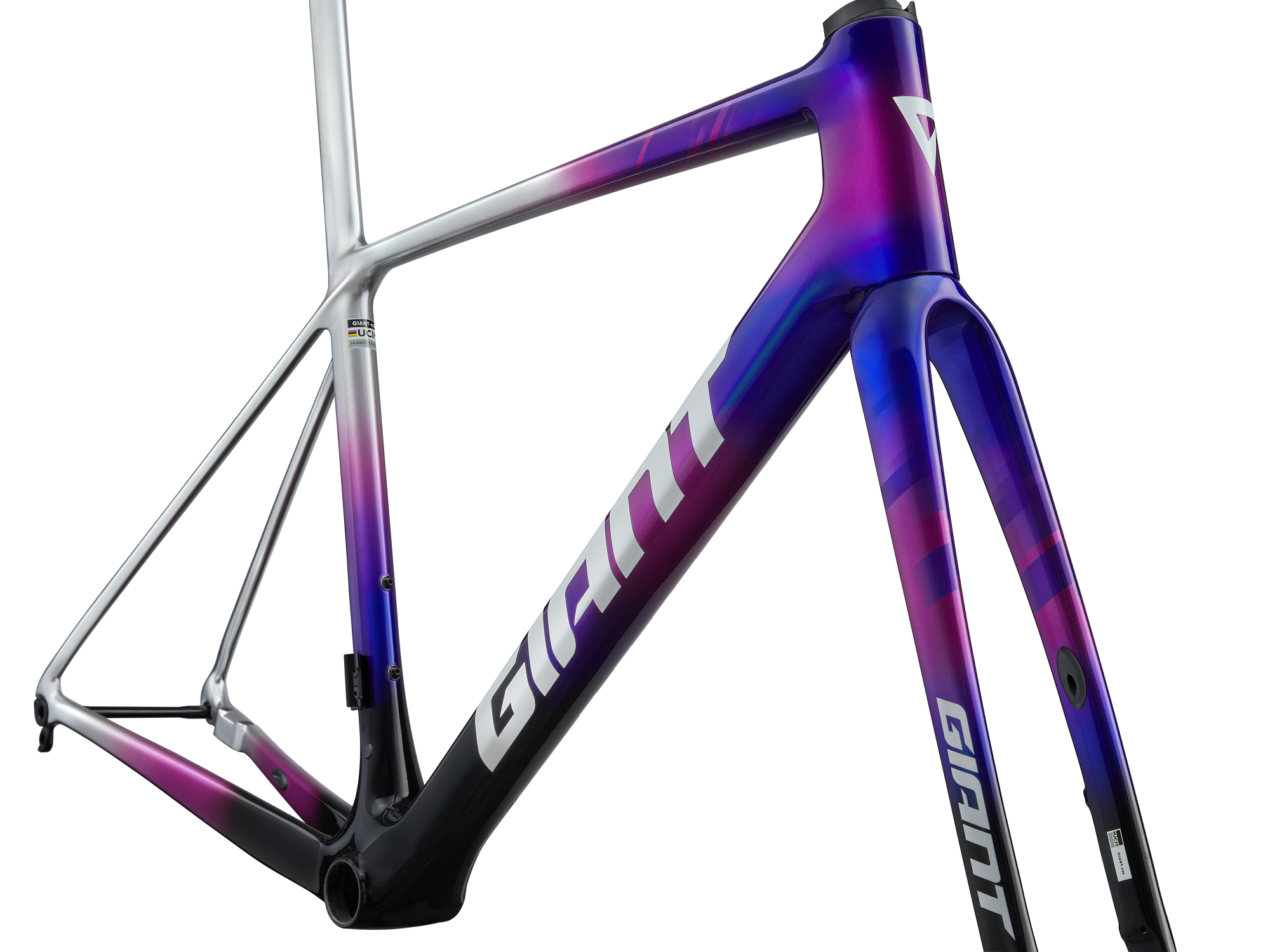 Cadre carbone Giant TCR Advanced SL Team, vue zoomée trois-quarts avant droit 