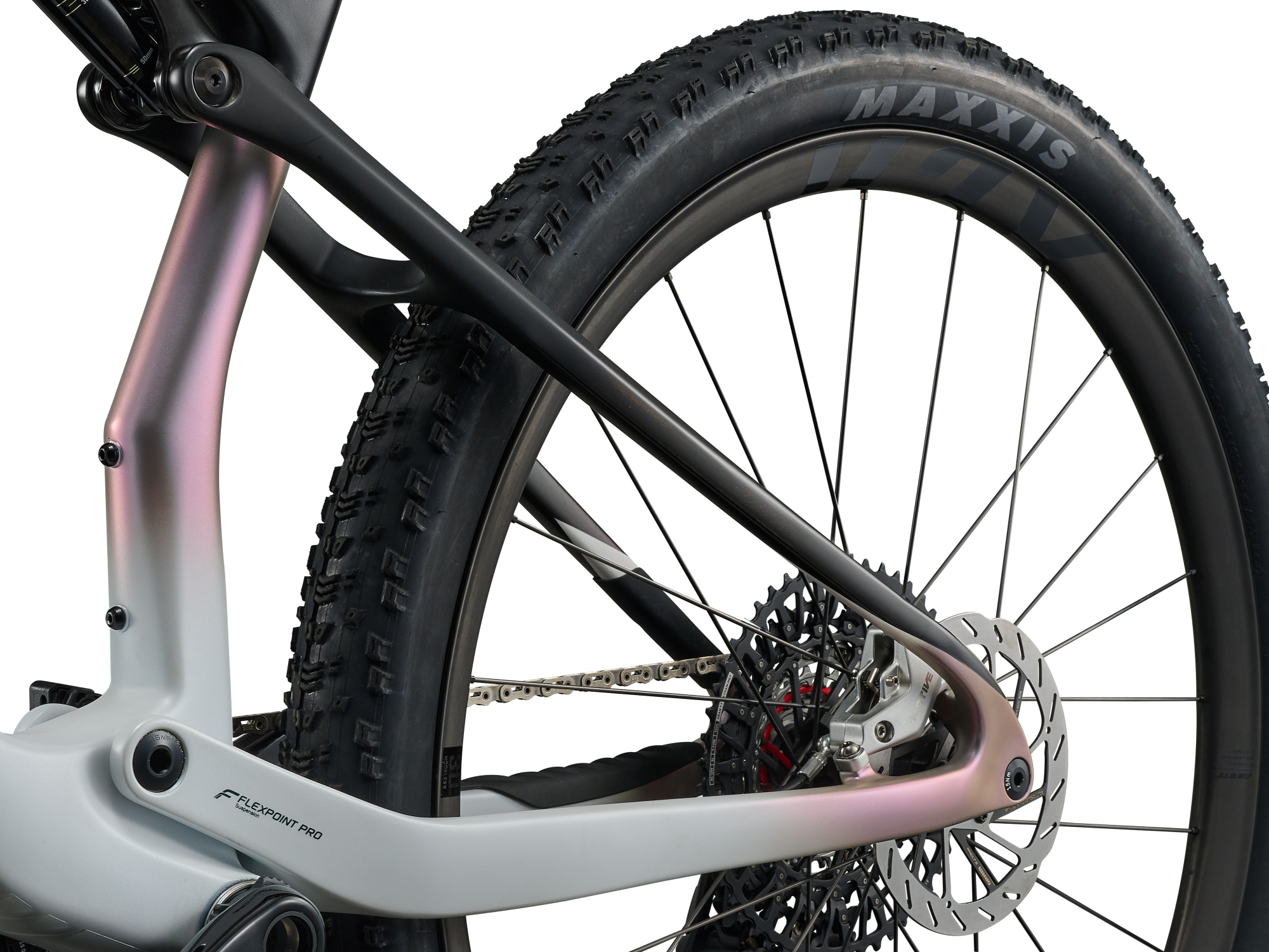 Giant Anthem Advanced SL SE MTB, Fullsuspension in weiss-schwarz, Detailansicht Hinterbau mit hinterer Scheibenbremse