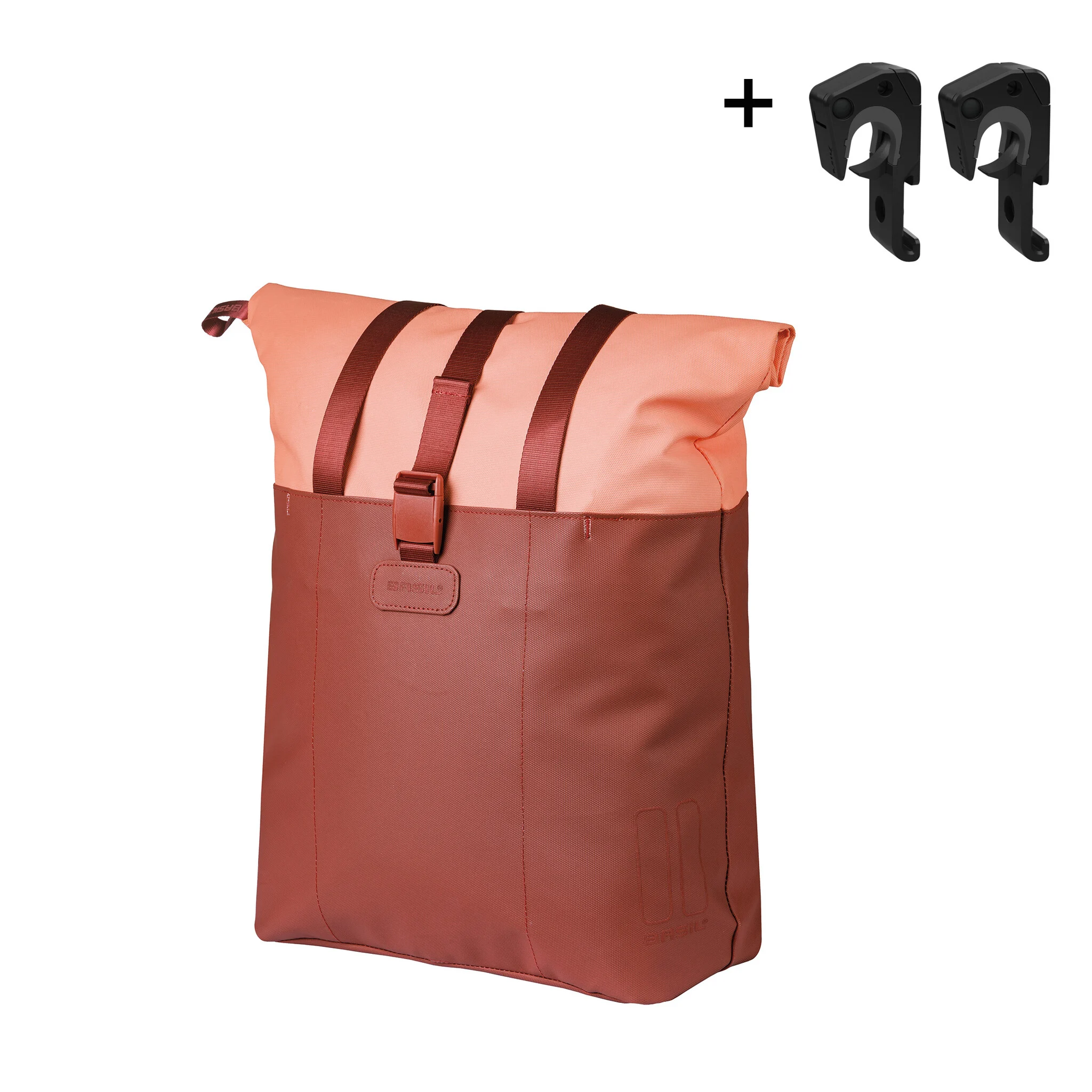  Basil Vive Shopper MIK‑Hook in Burgund/Pink inklusive MIK-Hooks, schräg von vorne abgebildet.