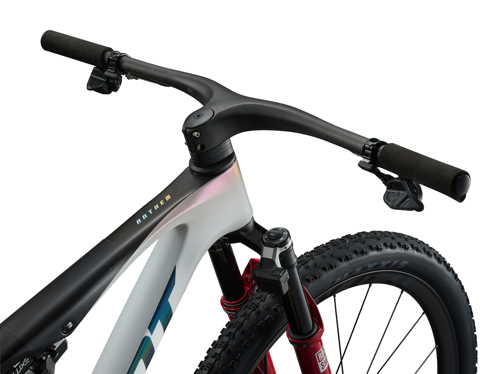 Giant Anthem Advanced SL SE MTB, Fullsuspension in weiss-schwarz, Detailasicht von oben auf die Lenkeinheit und den vorderen Rahmen
