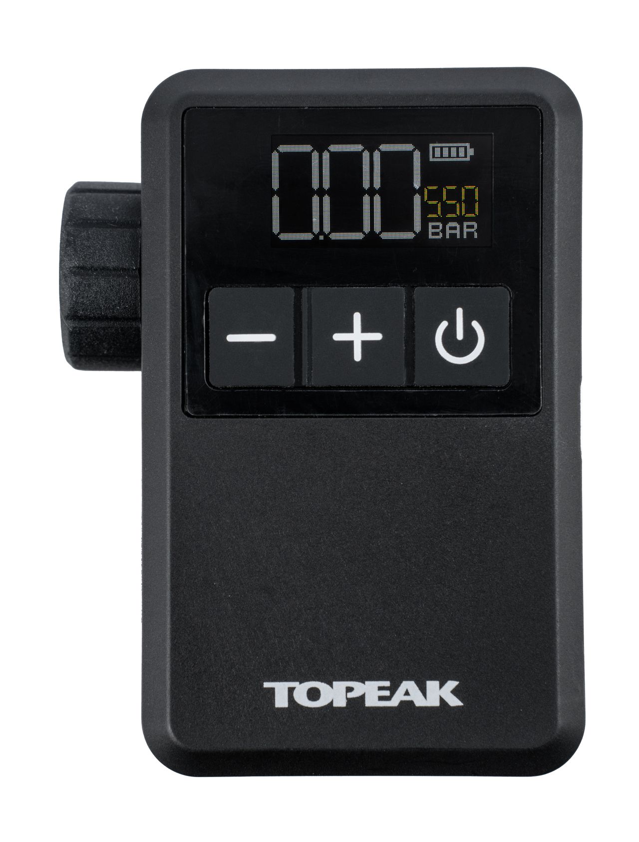 Topeak E-Booster Digital Mini Elektornische Fahrradpumpe, von vorne mit BAR Anzeige