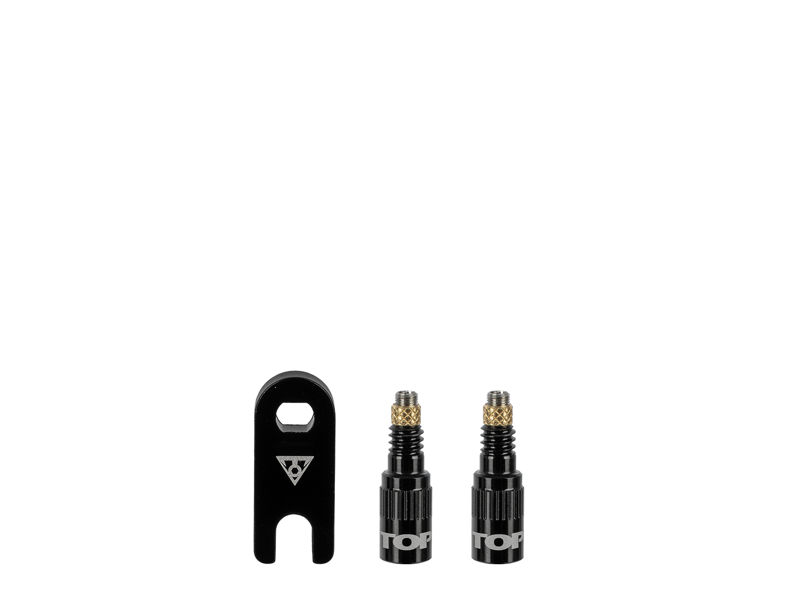 Topeak Turboflow Ventiladapter TFV-08 Set in Schwarz mit zwei Adaptern und kleinem Werkzeug.