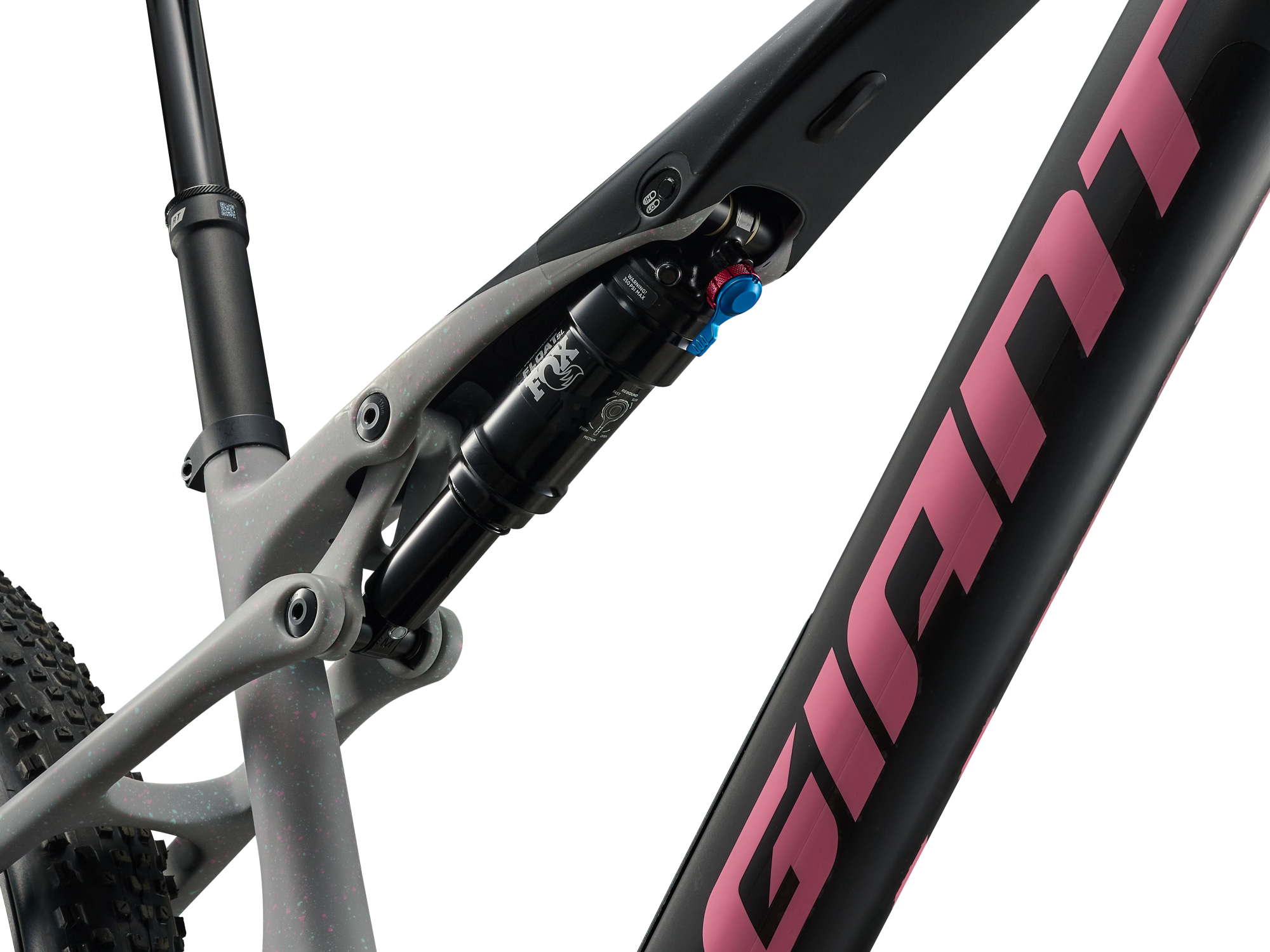 Giant Anthem X Advnaced SL 3 Fullsuspension MTB aus Carbon in hell- dunkelgrau, Detailansicht Rahmen mit Dämpfer