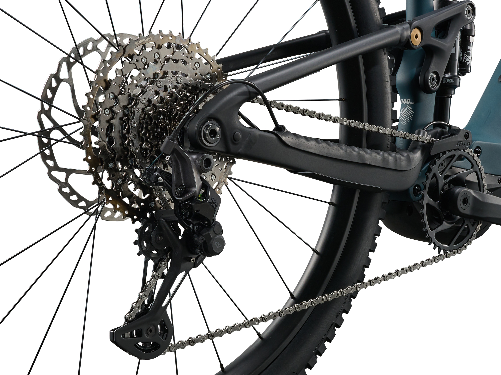 Giant Stance E+ 0 Antriebsbereich mit Kassette, Kette und robustem Hinterbau.