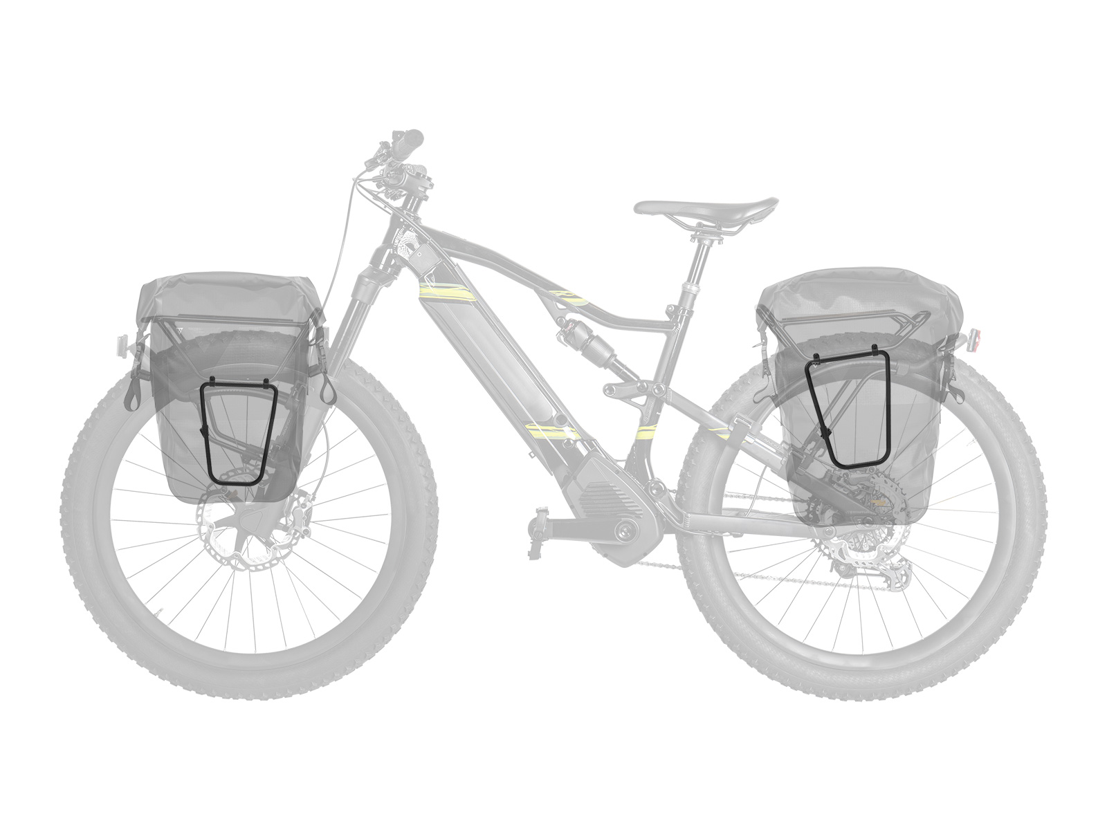 Topeak TetraRack SideFrame TA2412 Seitentraeger in Schwarz, vorne und hinten am E-Bike mit Taschen.