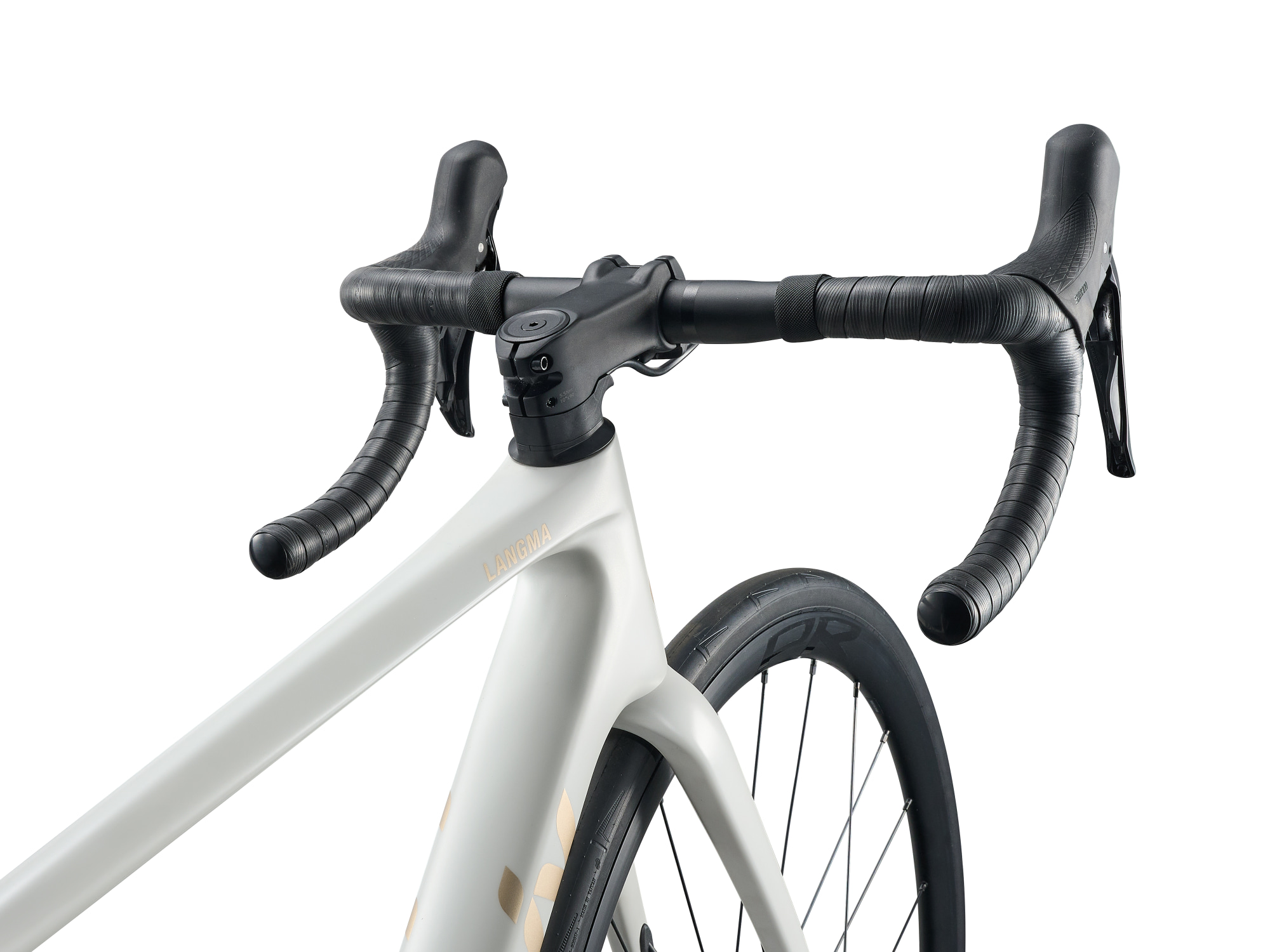 Liv Langma Advanced 2 Rennrad in QOM White mit Langma Carbonrahmen und Liv Logo.