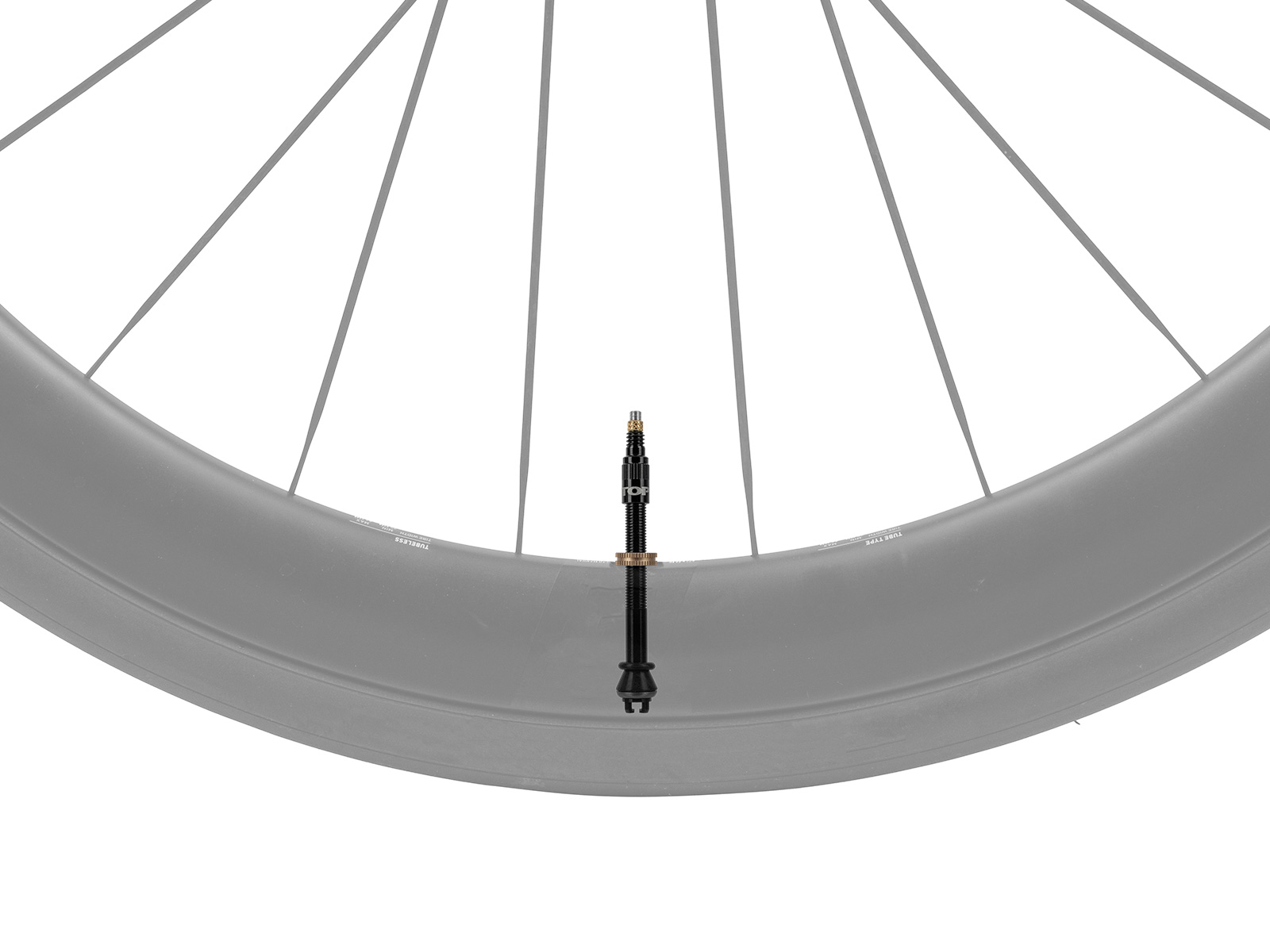 Schwarzes Tubeless-Ventil mit goldfarbener Rändelmutter montiert in einem grauen Fahrradlaufrad mit Speichen, auf weißem Hintergrund.