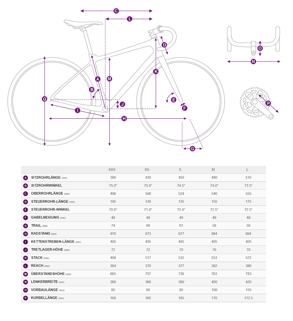 Geometriedaten in Tabellenform mit Legende für das Liv Langma Advnaced Rennrad