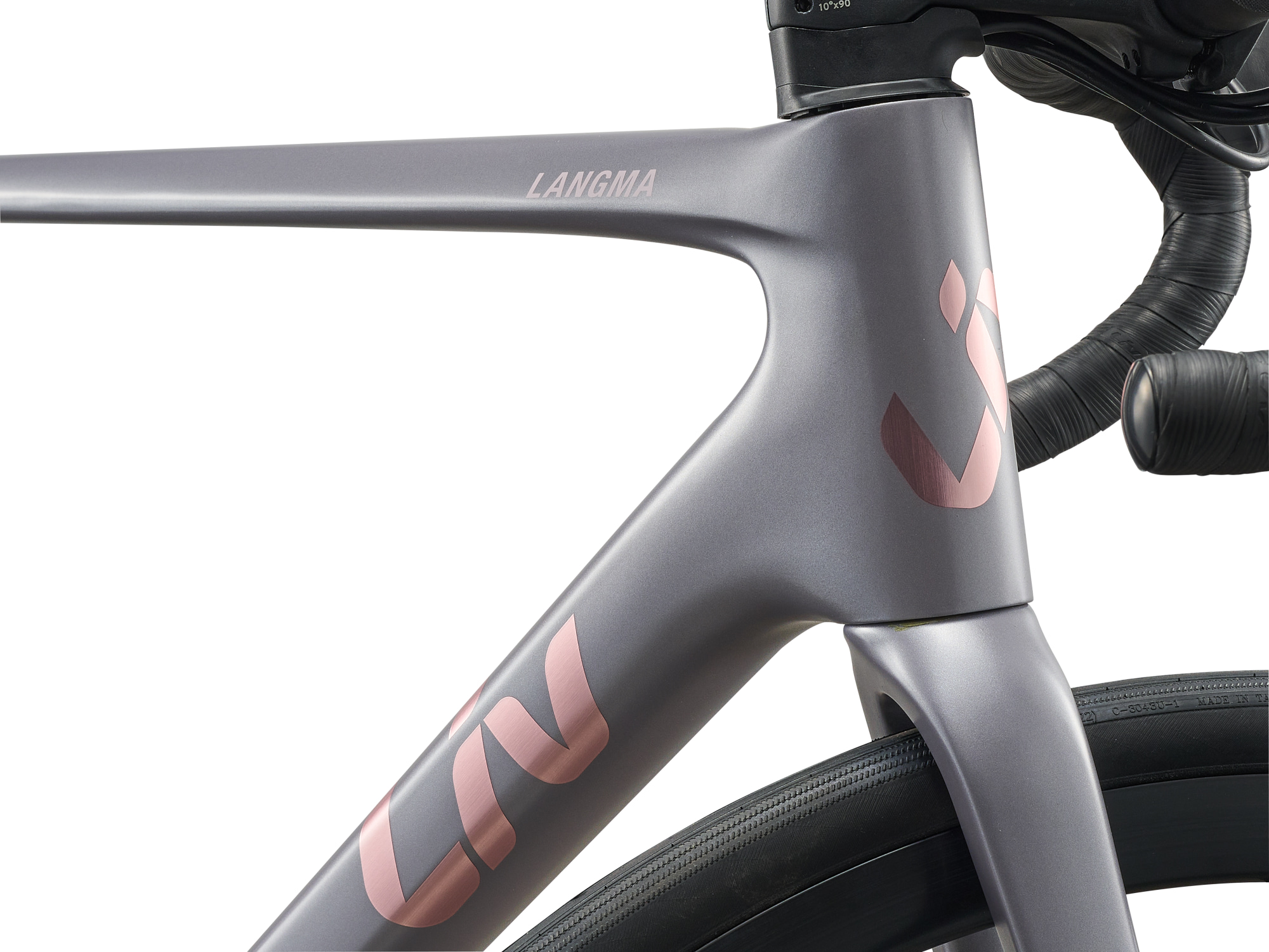 Liv Damen-Rennrad Langma Advanced 2 mit hellgrauem Carbon-Rahmen und Carbon-Gabel, Aufschrift bronze, Komponenten schwarz, Detailansicht Steuerrohr