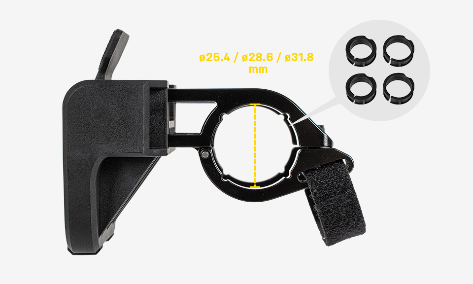 Topeak Fixer 9 Halterung mit Adaptern fuer verschiedene Lenkerdurchmesser.