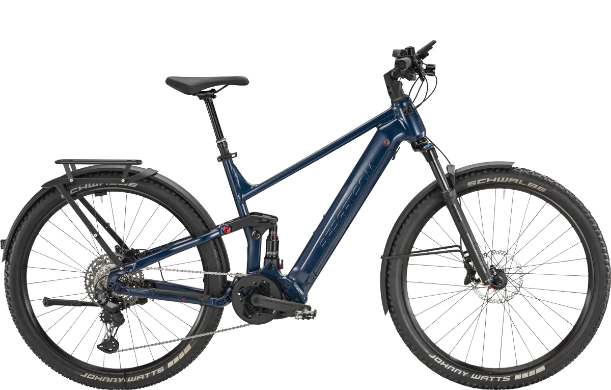 Bergstrom SUV‑9 E‑Bike in Dunkelblau mit Federgabel, Hinterradfederung und Gepäckträger.