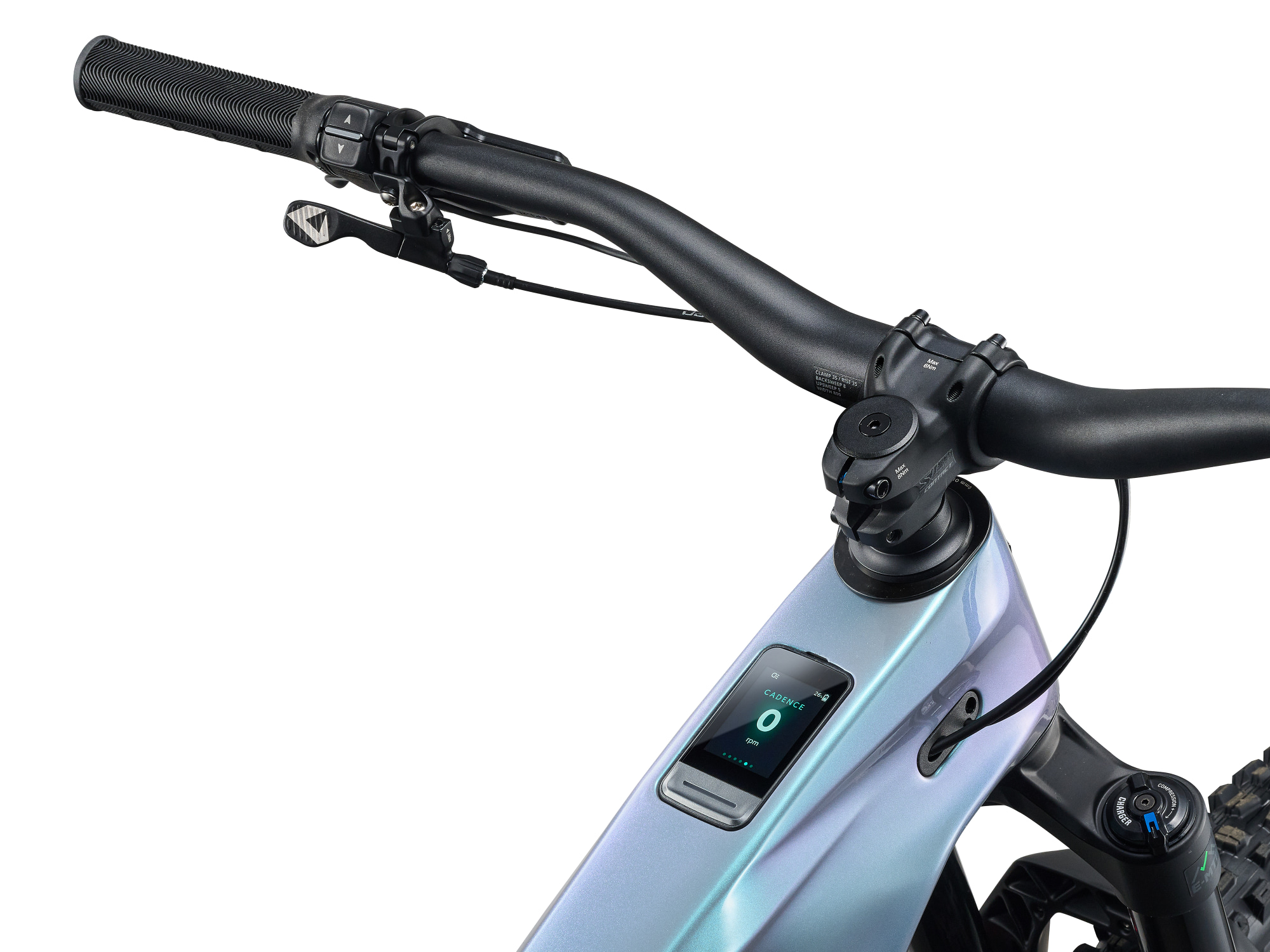 Giant Reign Advanced E+ 2 E-MTB in Prismatic Haze mit Display im Oberrohr und breitem Lenker