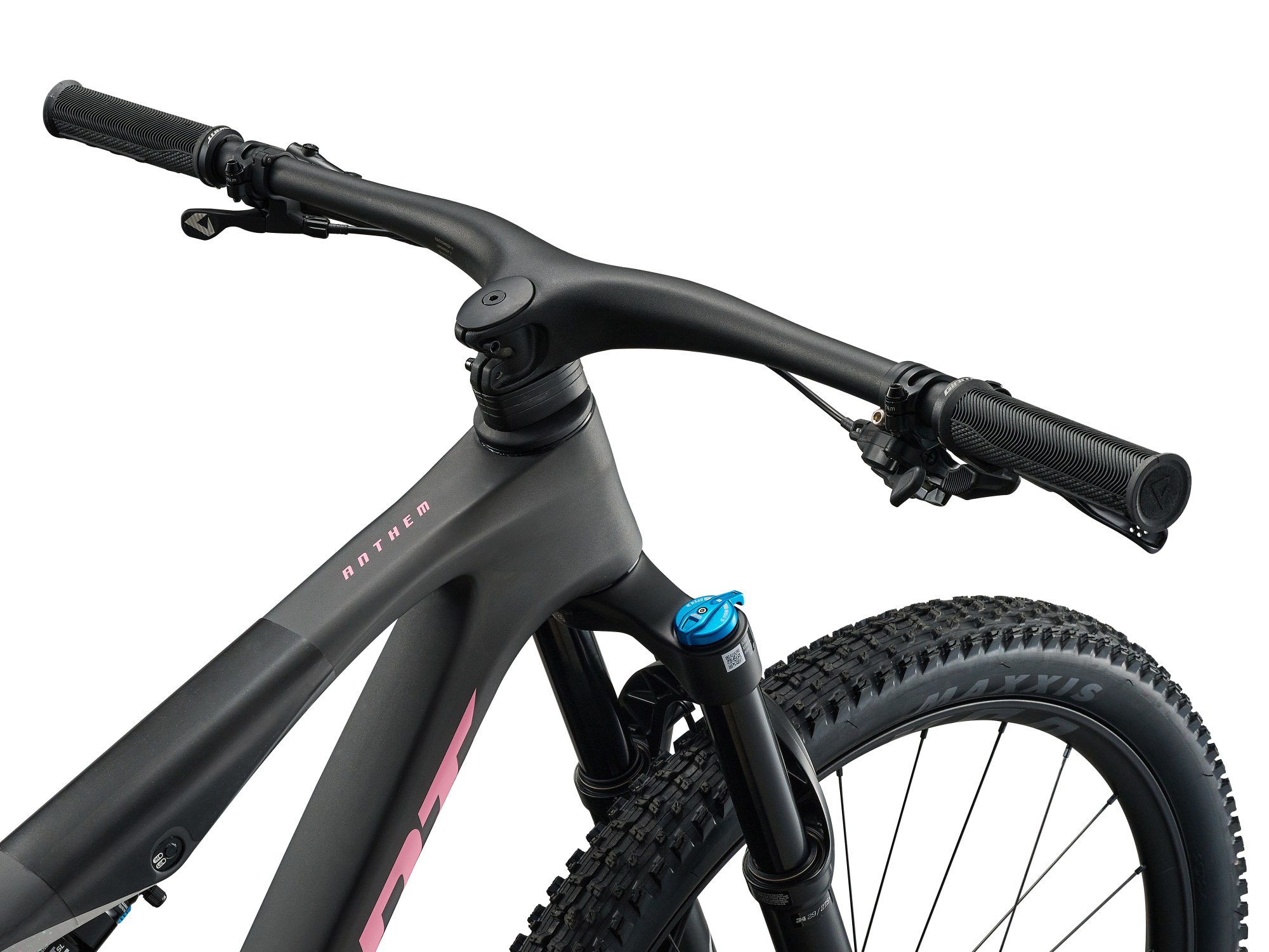 Giant Anthem X Advnaced SL 3 Fullsuspension MTB aus Carbon in hell- dunkelgrau, Detailansicht Lenkereinheit von schräg oben