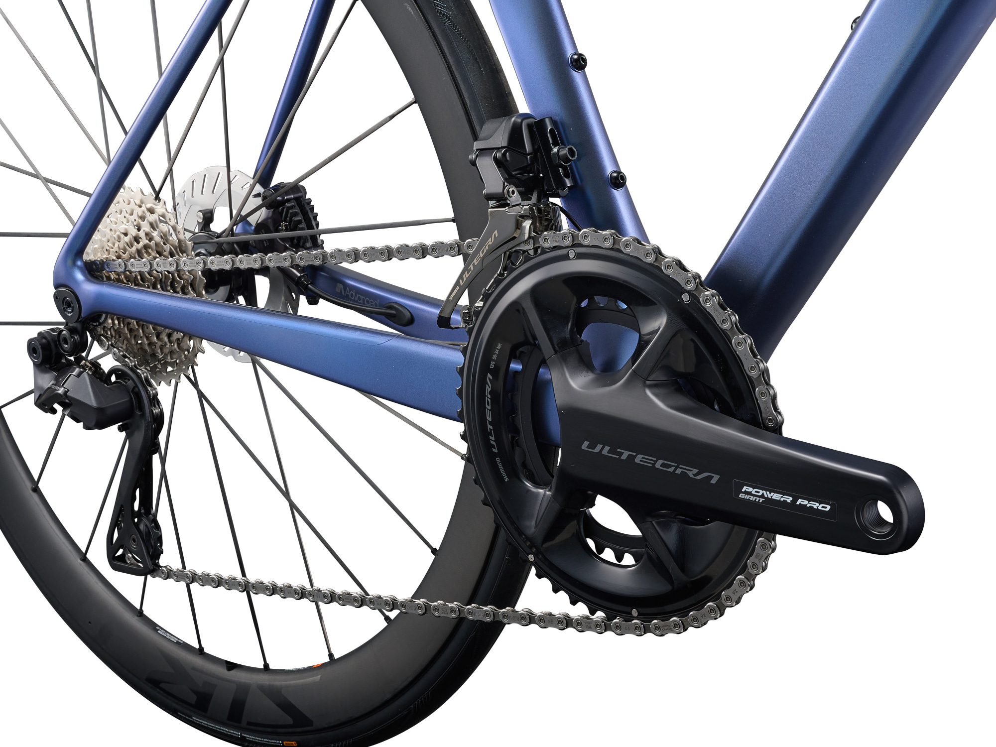 Liv Damen-Rennrad Langma Advance PRO 0 in Thundercloud blau mit Carbonrahmen und Carbongabel, Detailansicht Hinterbau mit Antrieb und Schaltung