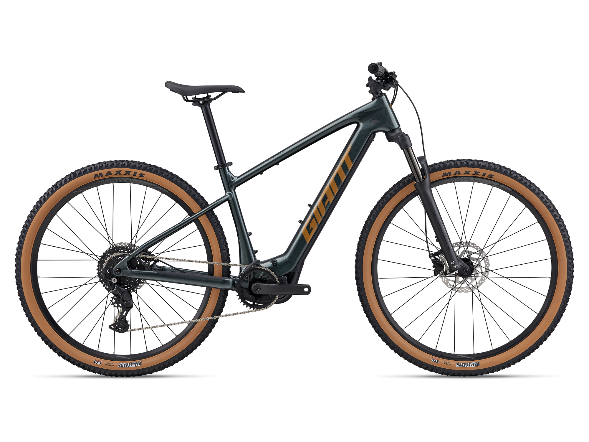 Giant E-MTB Talon E+ ind dunklem grün mit mittelbraunem Schriftzug, Komponenten in schwarz und Reifen in schwarz-braun, Ansicht von der Seite
