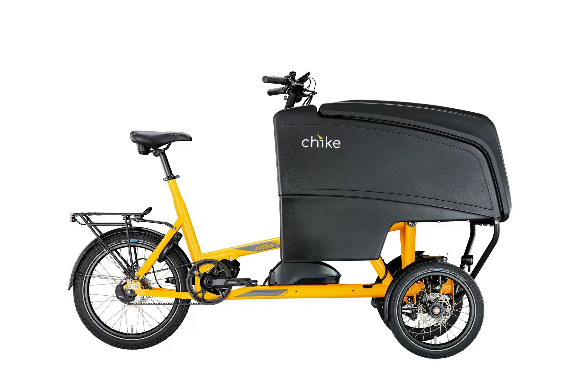 chike E‑Cargo Pro Lastenrad in Schwarz matt in Seitenansicht.