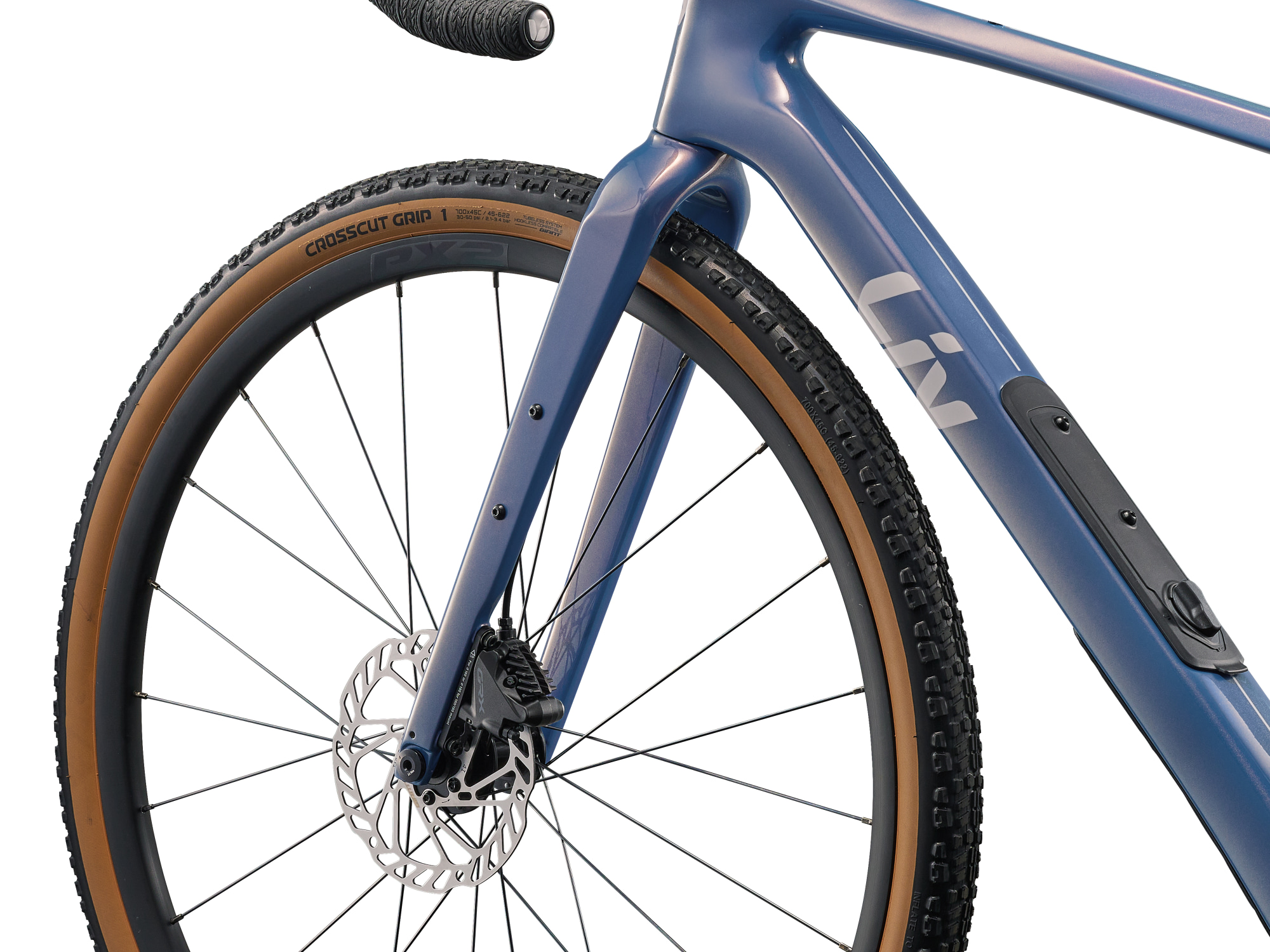 Vélo gravel carbone Liv Devote Advanced 2, détail fourche et roue avant