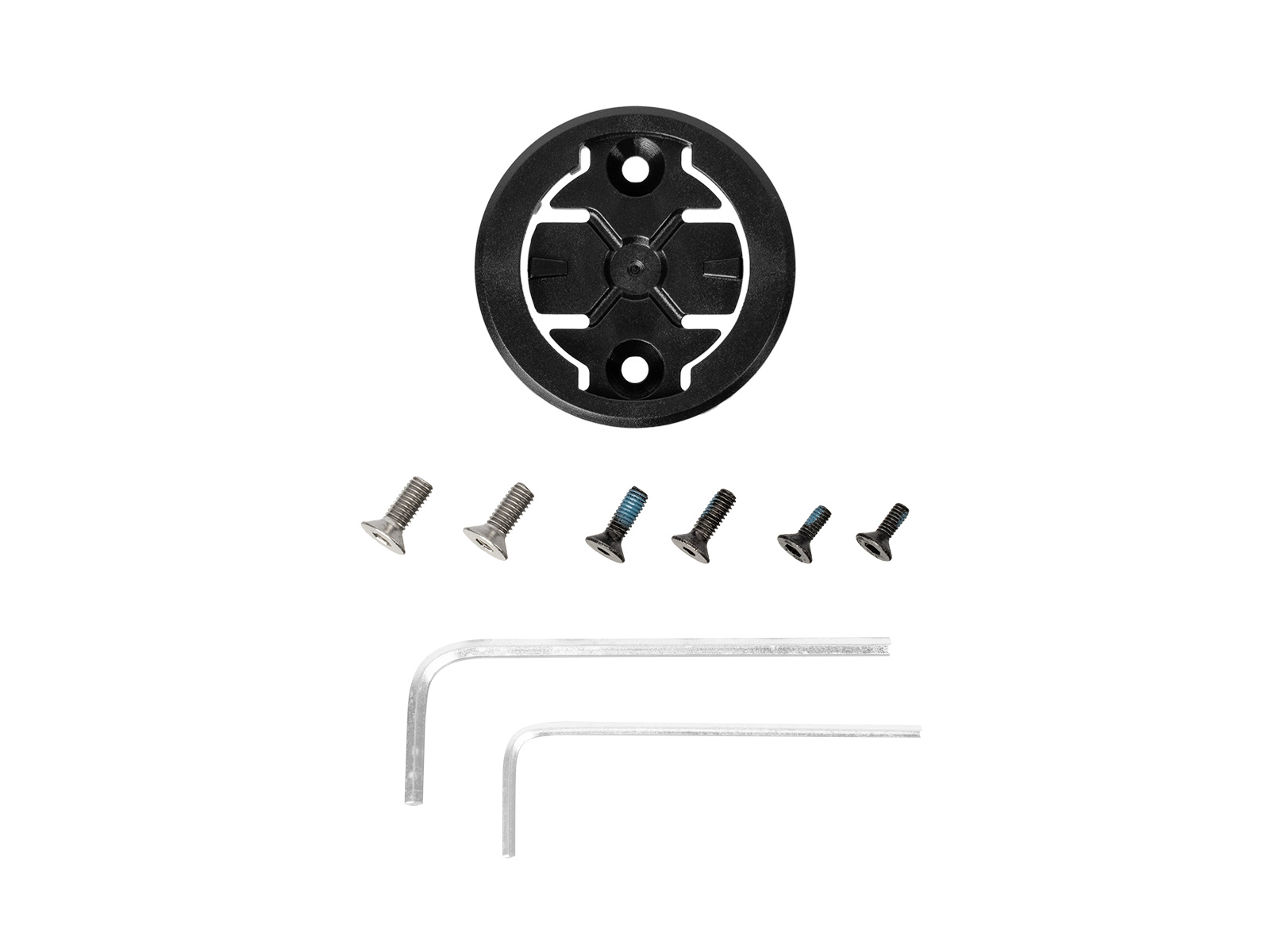 Komplettset des Topeak G-Gear Adapter II bestehend aus rundem schwarzem Adapter, sechs Schrauben in unterschiedlichen Grössen und zwei silbernen Inbusschlüsseln, auf weißem Hintergrund.