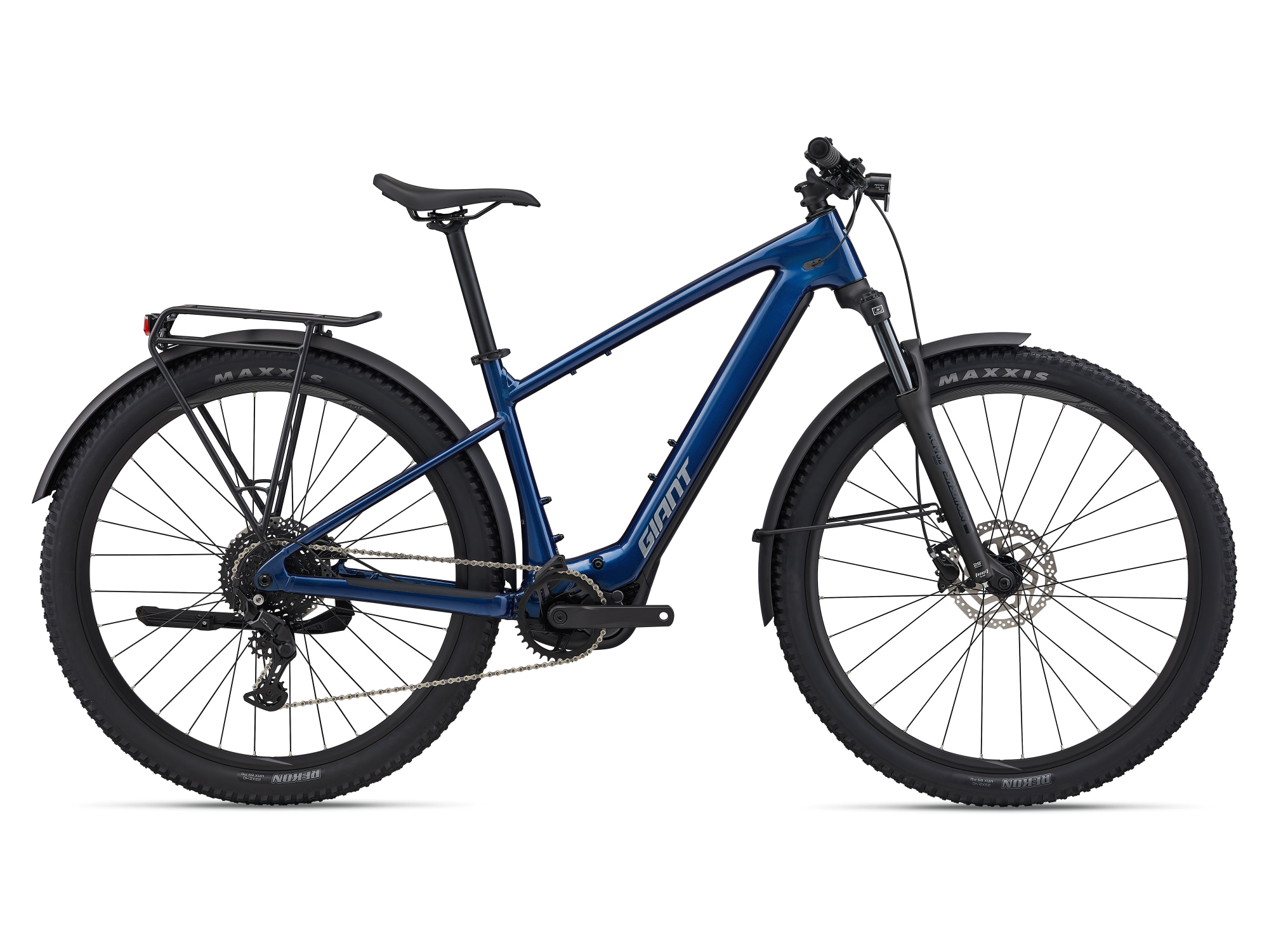 Giant E-MTB Talon E+ EX Hardtail mit Gepäckträger, Schutzblechen und Beleuchtung in dunkelblau, Ansicht von der Seite